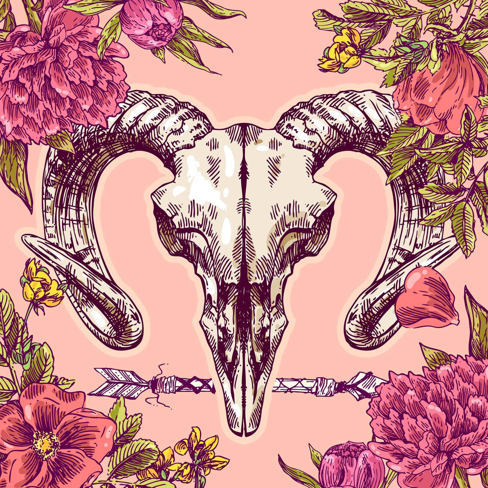 Vector sketch illustration animal skull. Drawing by hand. Boho style. Use for posters, postcards, print for t-shirt, tattoo.