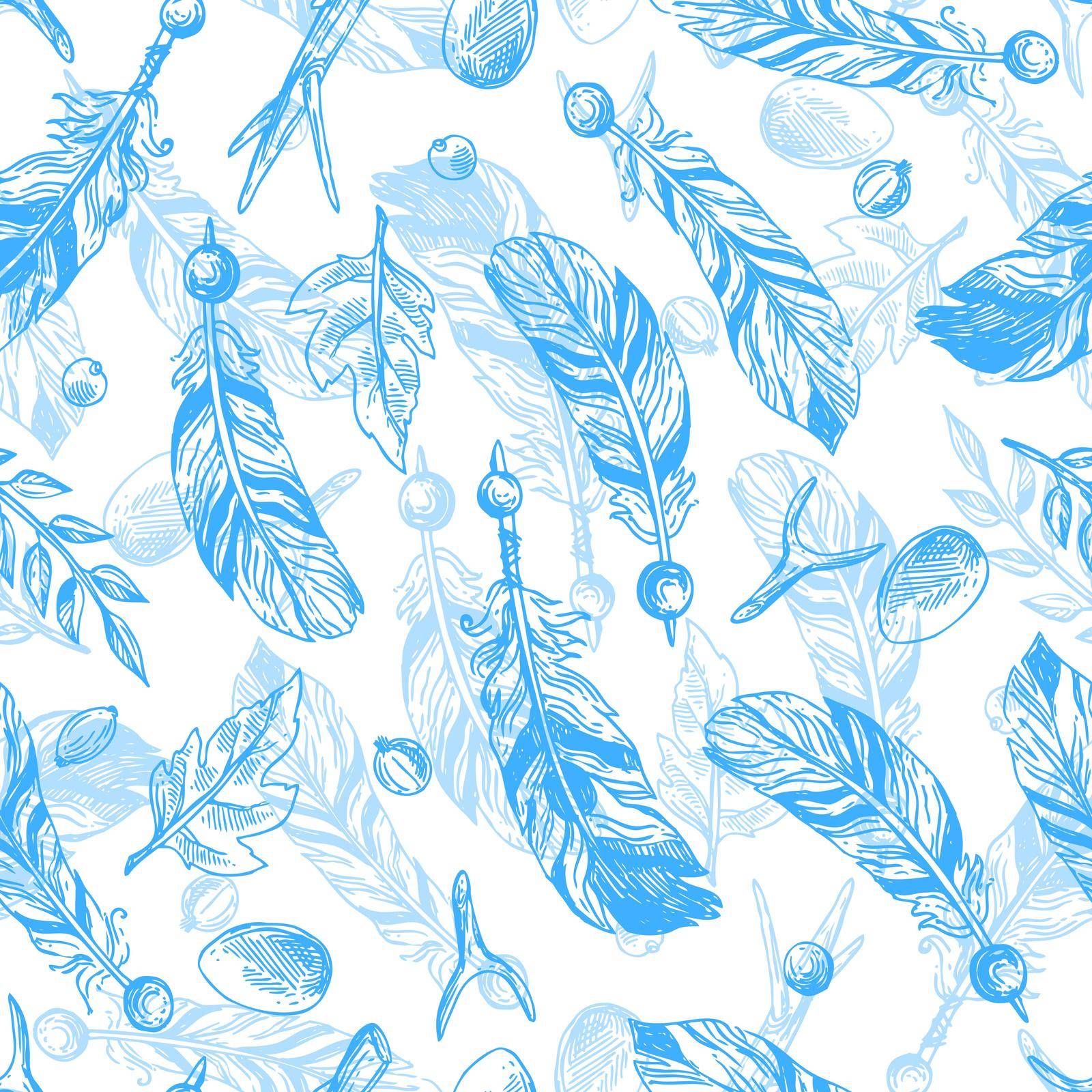 Hand drawn vector seamless pattern with feathers. Boho style drawing.