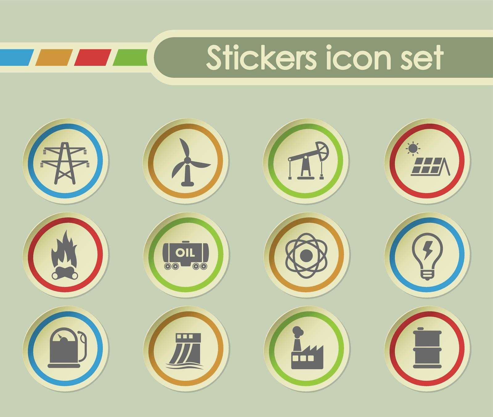 power generation simple vector icons on round stickers