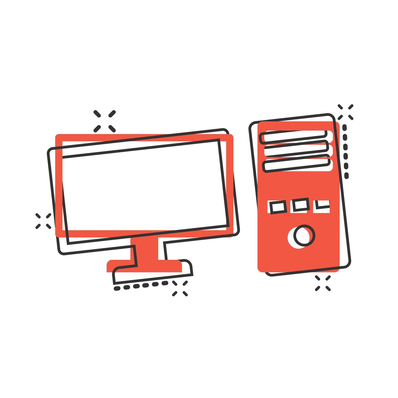 Pc computer icon in comic style. Desktop cartoon vector illustration on white isolated background. Device monitor splash effect business concept.