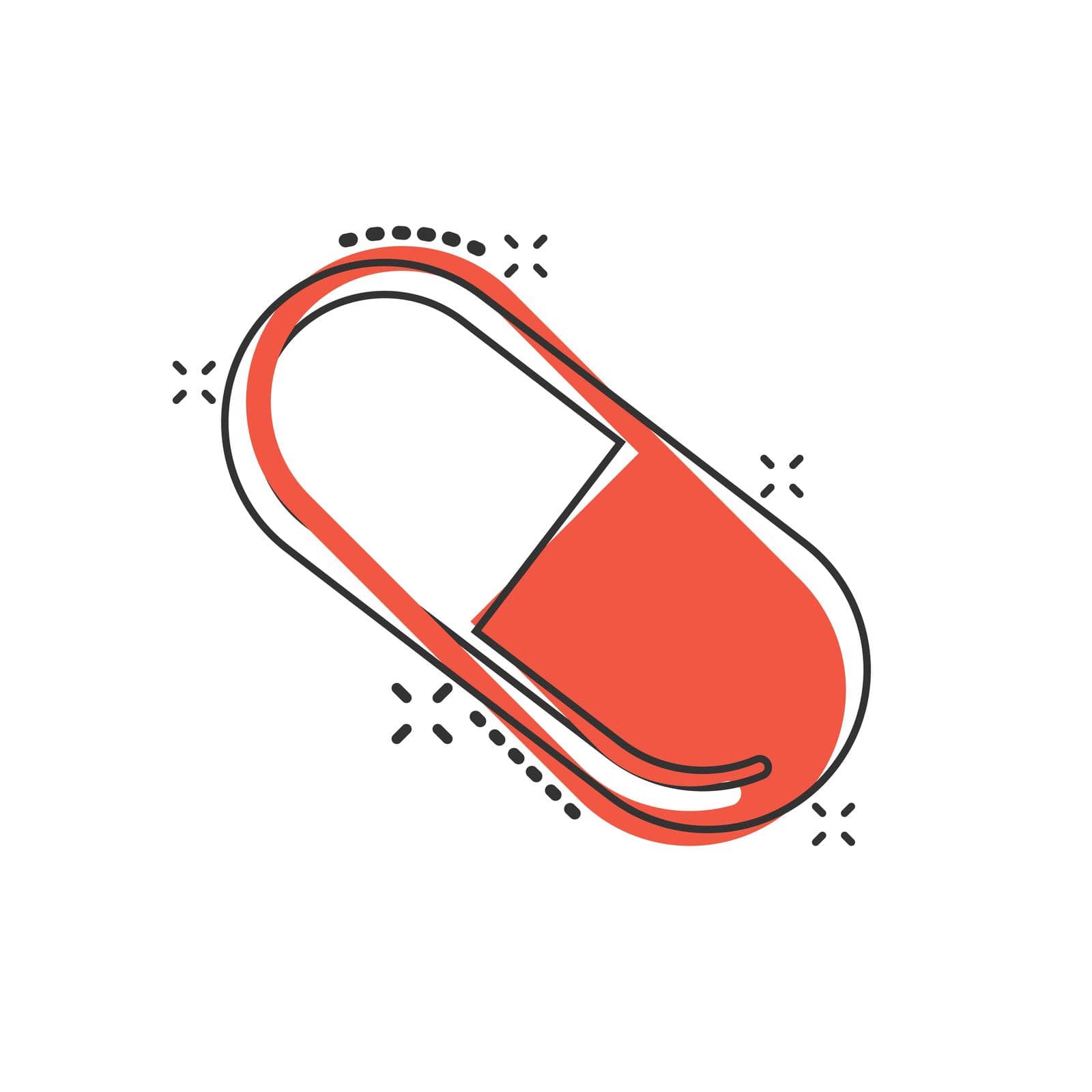 Pill capsule icon in comic style. Drugs cartoon vector illustration on white isolated background. Pharmacy splash effect business concept. by LysenkoA