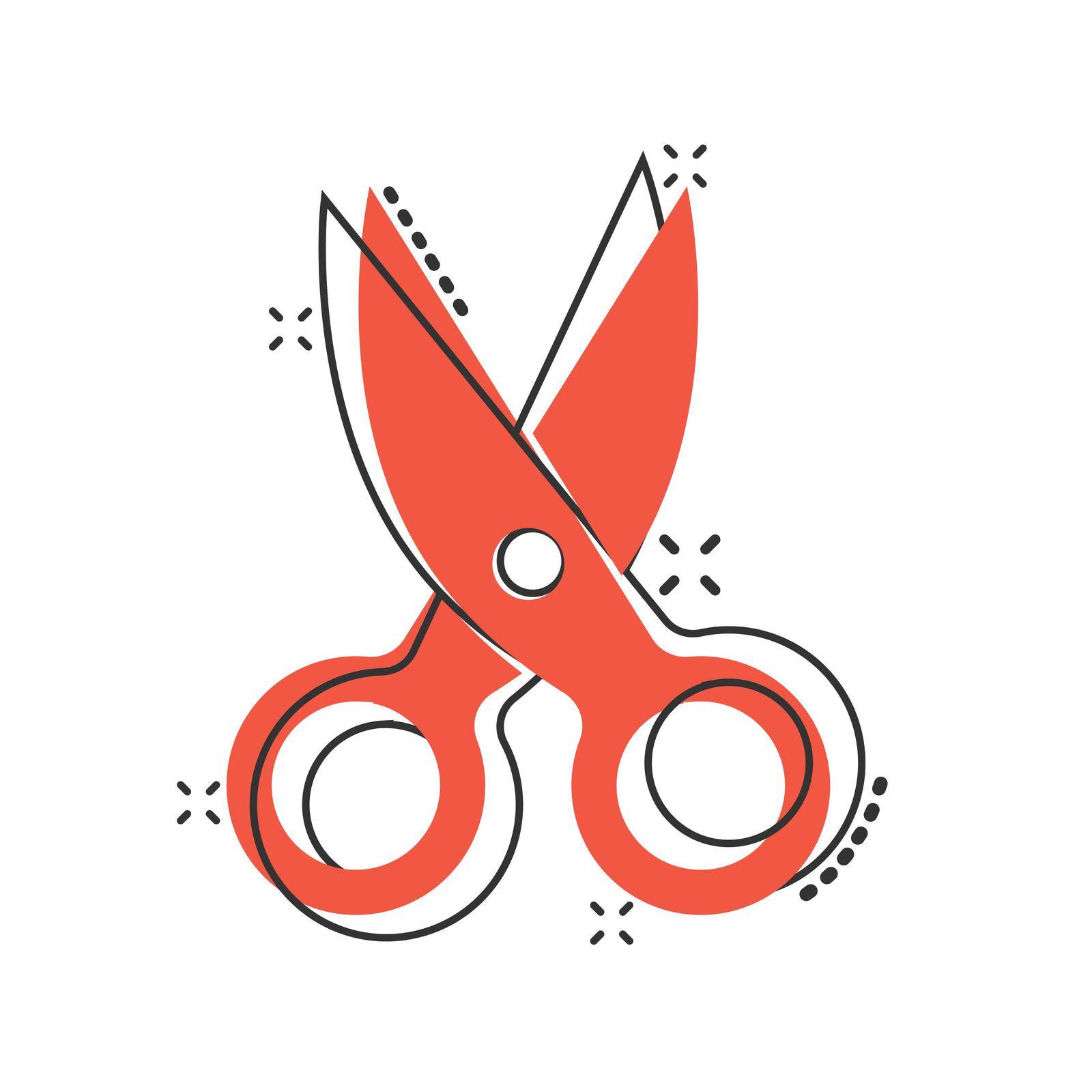 Scissor icon in comic style. Cut equipment cartoon vector illustration on white isolated background. Cutter splash effect business concept. by LysenkoA