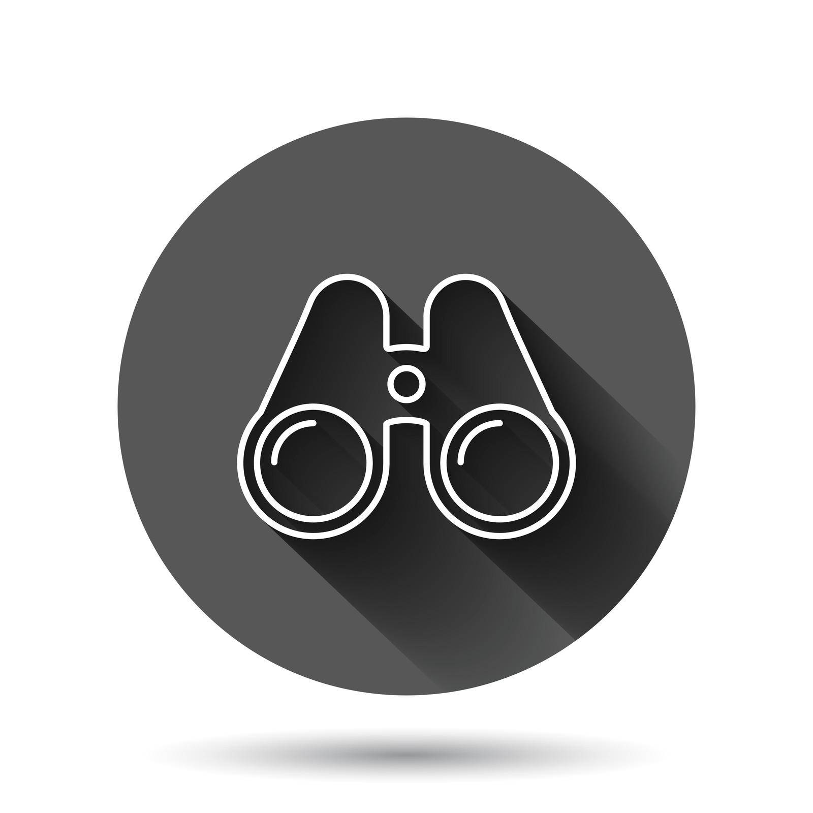 Binocular icon in flat style. Search vector illustration on black round background with long shadow effect. Zoom circle button business concept.