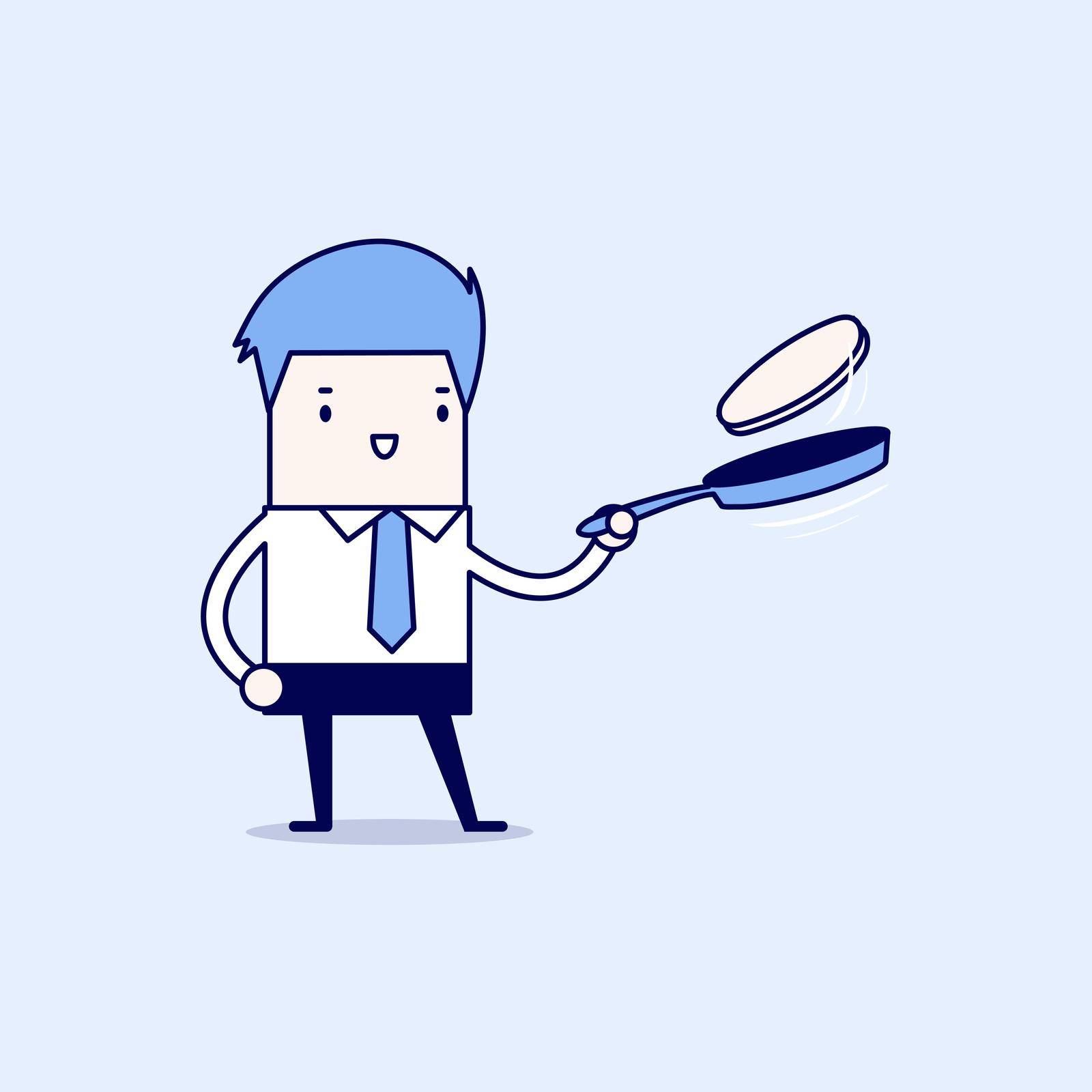 Businessman making fresh pancakes on breakfast. Cartoon character thin line style vector.