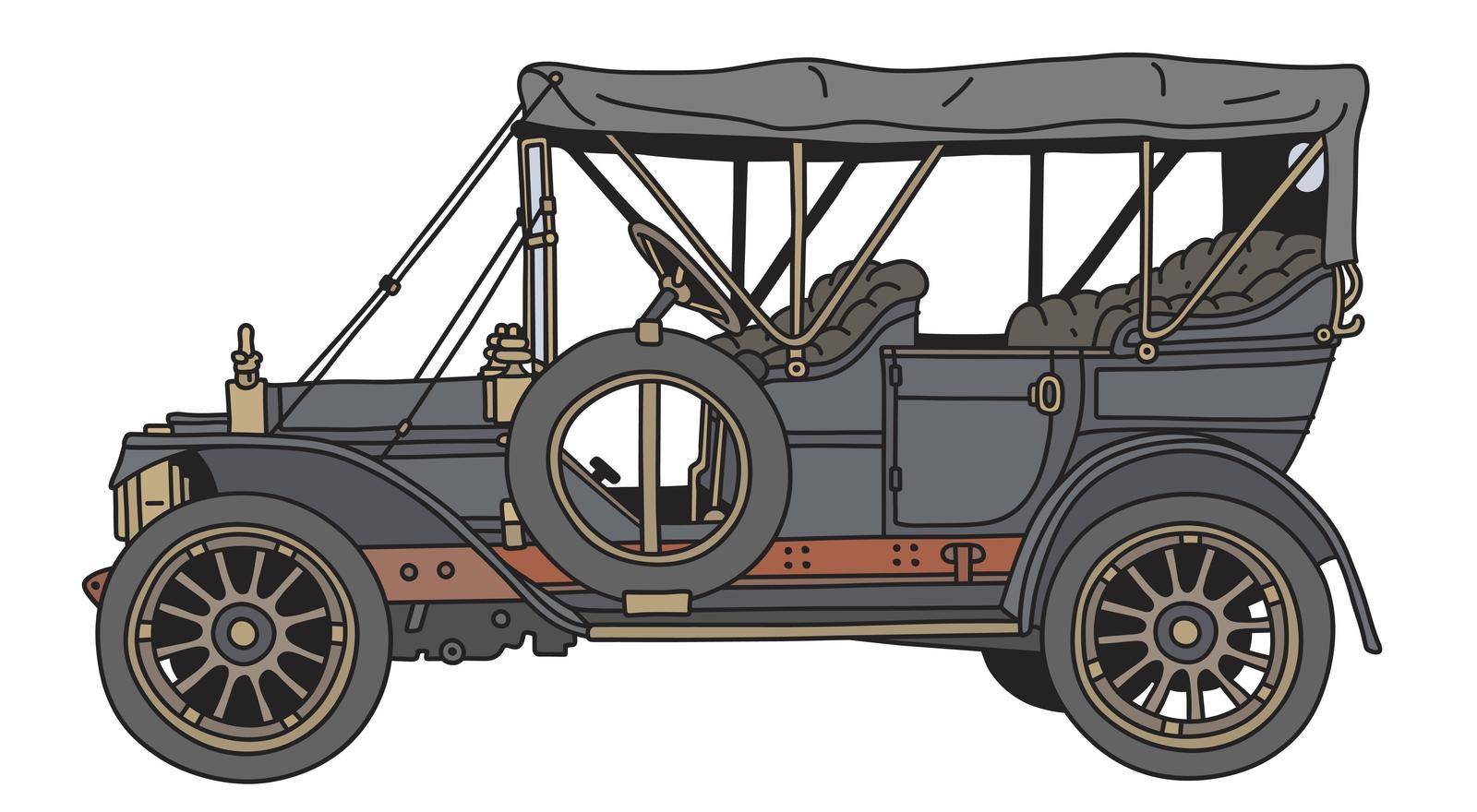 The vectorized hand drawing of a vintage black car