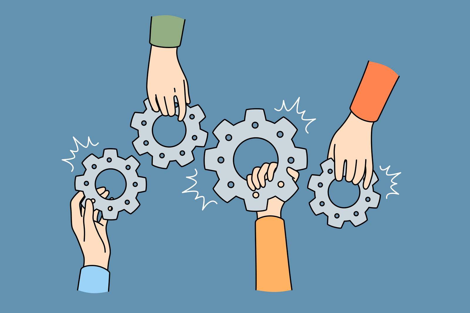 Teamwork collaboration and unity concept. Human hands of business partners holding gears as symbol of cooperation vector illustration
