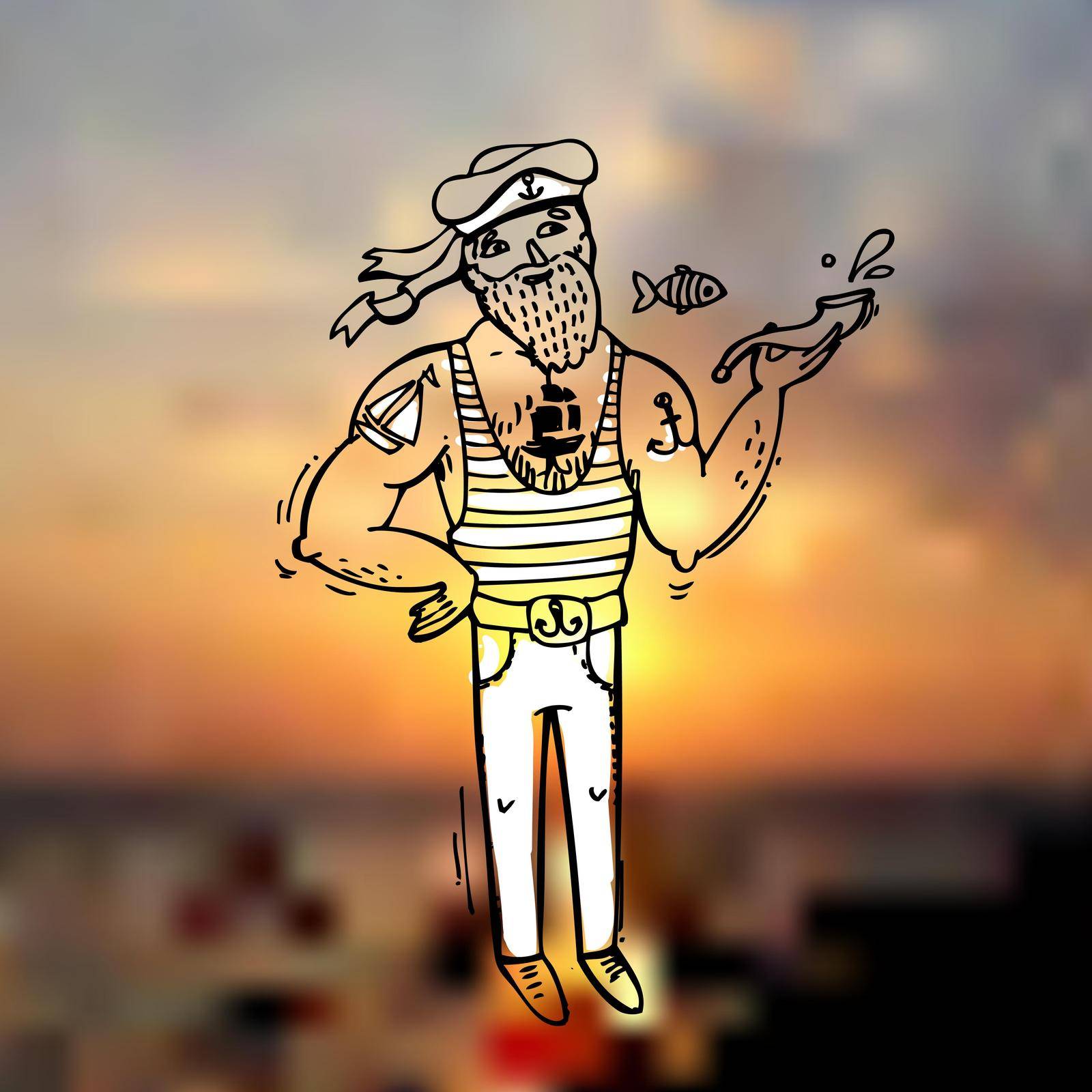 Hand drawn vector illustration sailor on the blurred sea background. Doodle style. Drawing by hand.