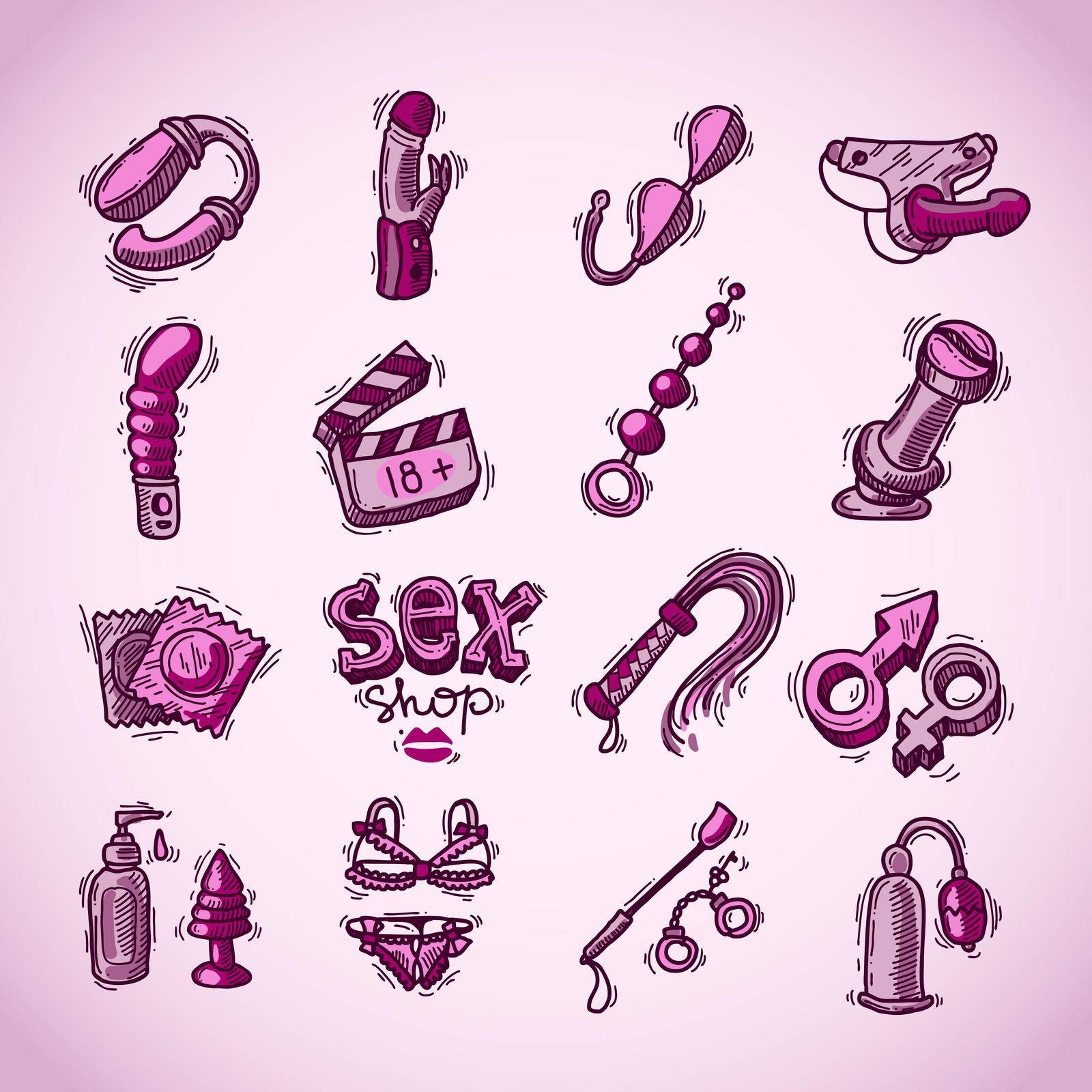 Set of beautiful hand-drawn icons sex shop devices for your design