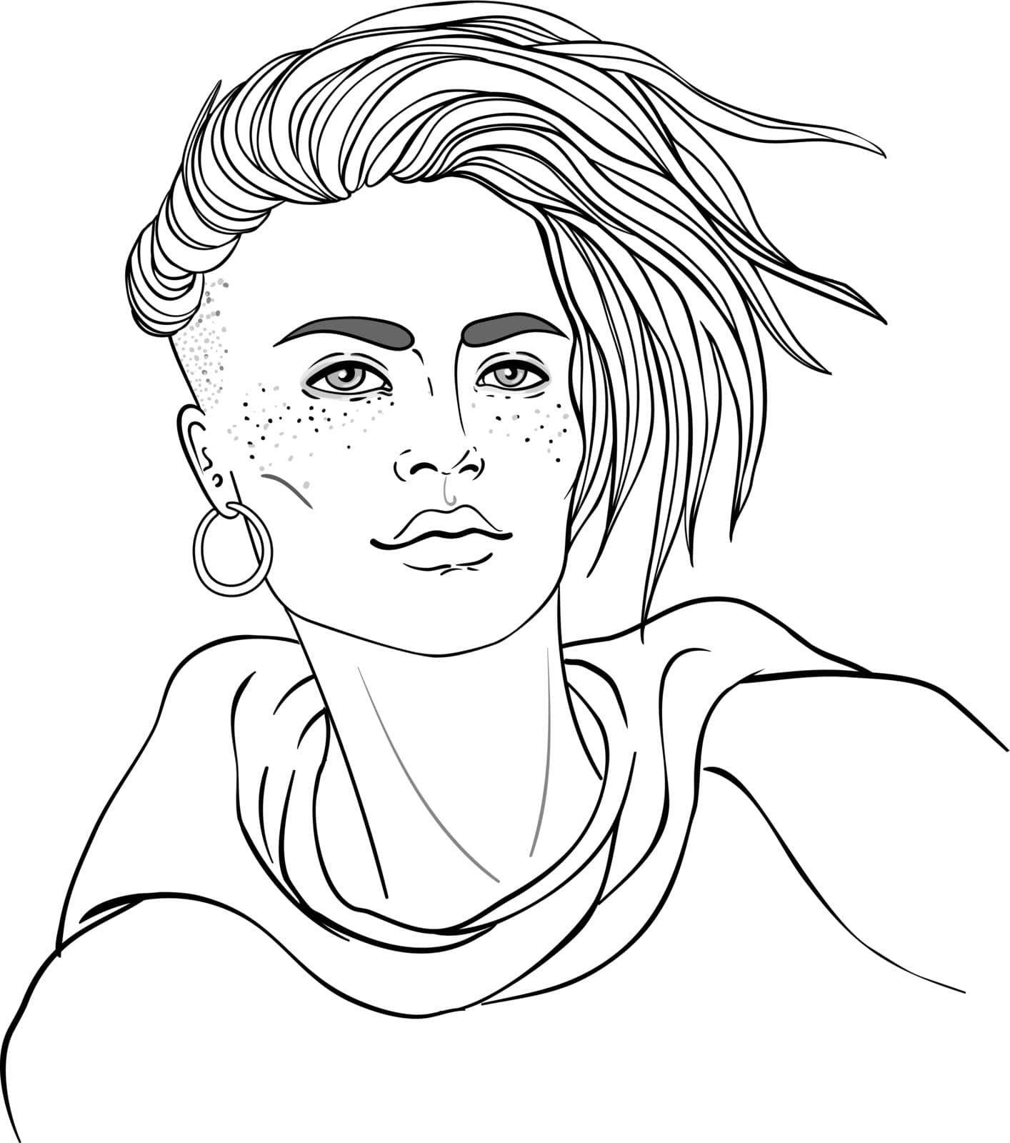 Portrait of a young pretty caucasian woman with short pixie cut. Vector illustration isolated. Hand drawn art of a boyish looking girl. Modern street subculture haircut for woman.