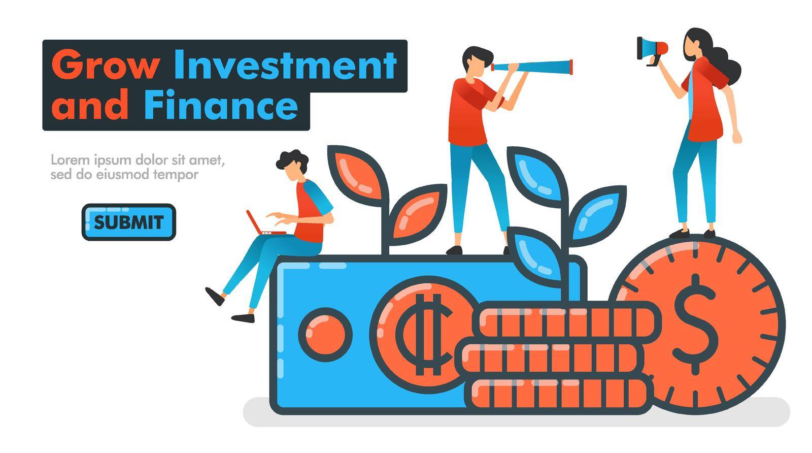 Grow Investment and Finance line vector illustration. invest money to grow financial assets and expect huge profit growth. looking for and promoting investment managers. Landing pages Website Banner