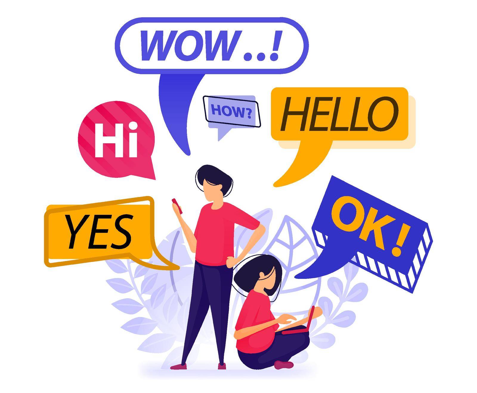 People greet each other and chatting. bubble, balloon and chat box with words that can be used everyday or first chat. Vector Illustration For Web, Landing Page, Banner, Mobile Apps, Card, Book by yayimage