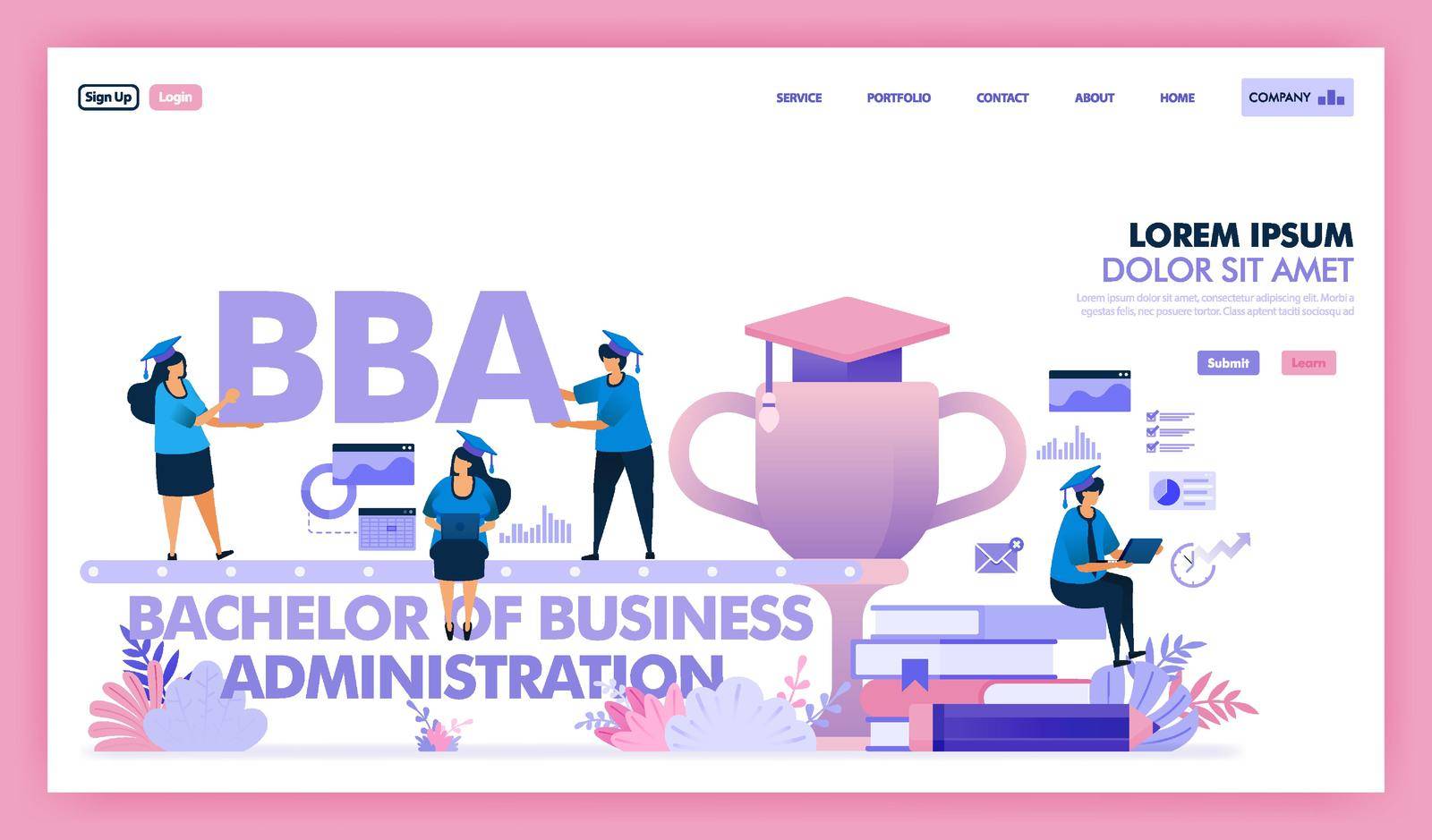 BBA or bachelor of business administration is a university program for business and economics, people learn to get a degree master of business administration or MBA. Flat illustration vector design.
