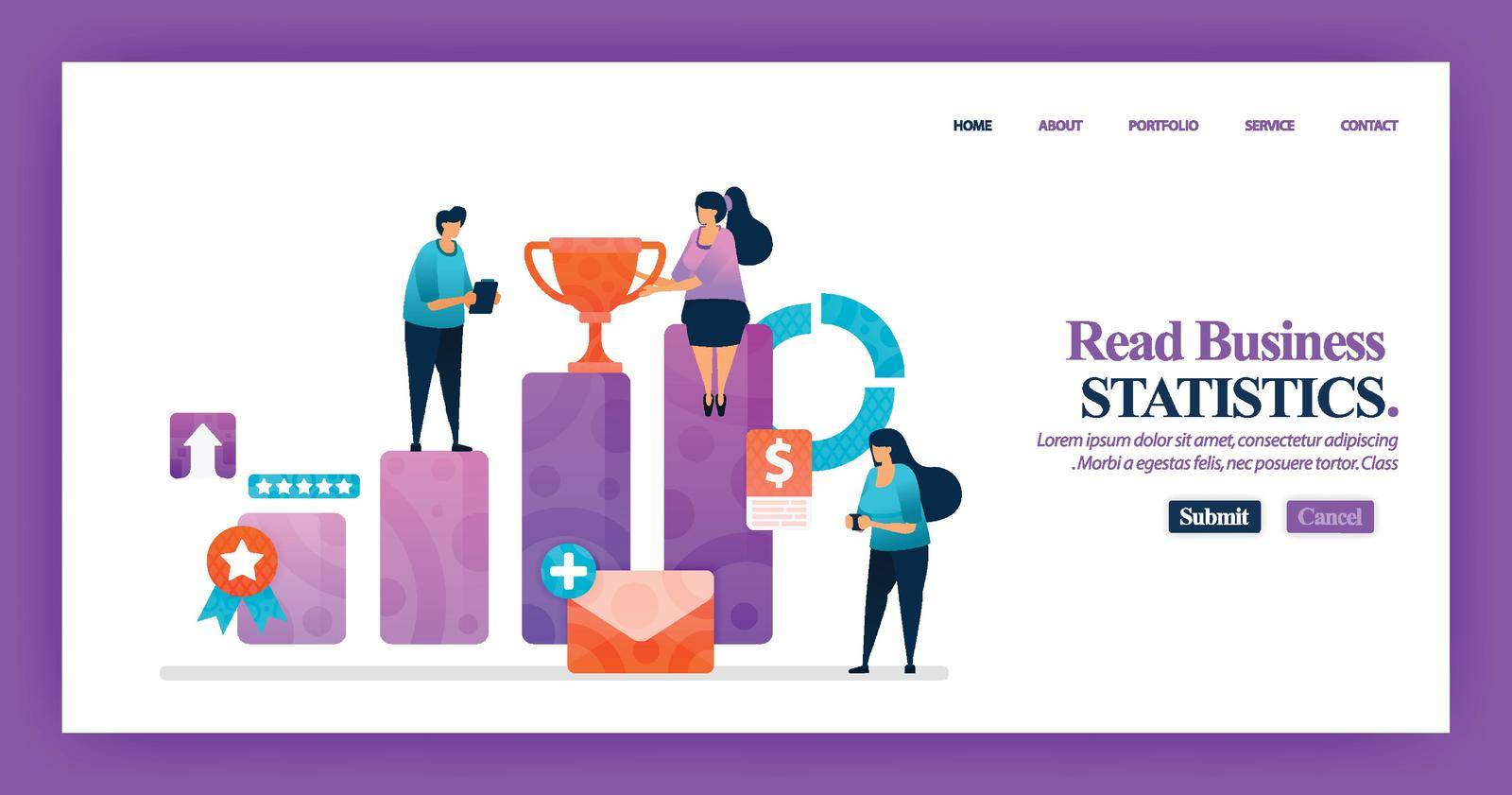 Landing page design of Business Bar Chart with flat Illustration cartoon character. Business data visualization of layout diagram, banner, web design,  web page, website, homepage, mobile apps, UI.