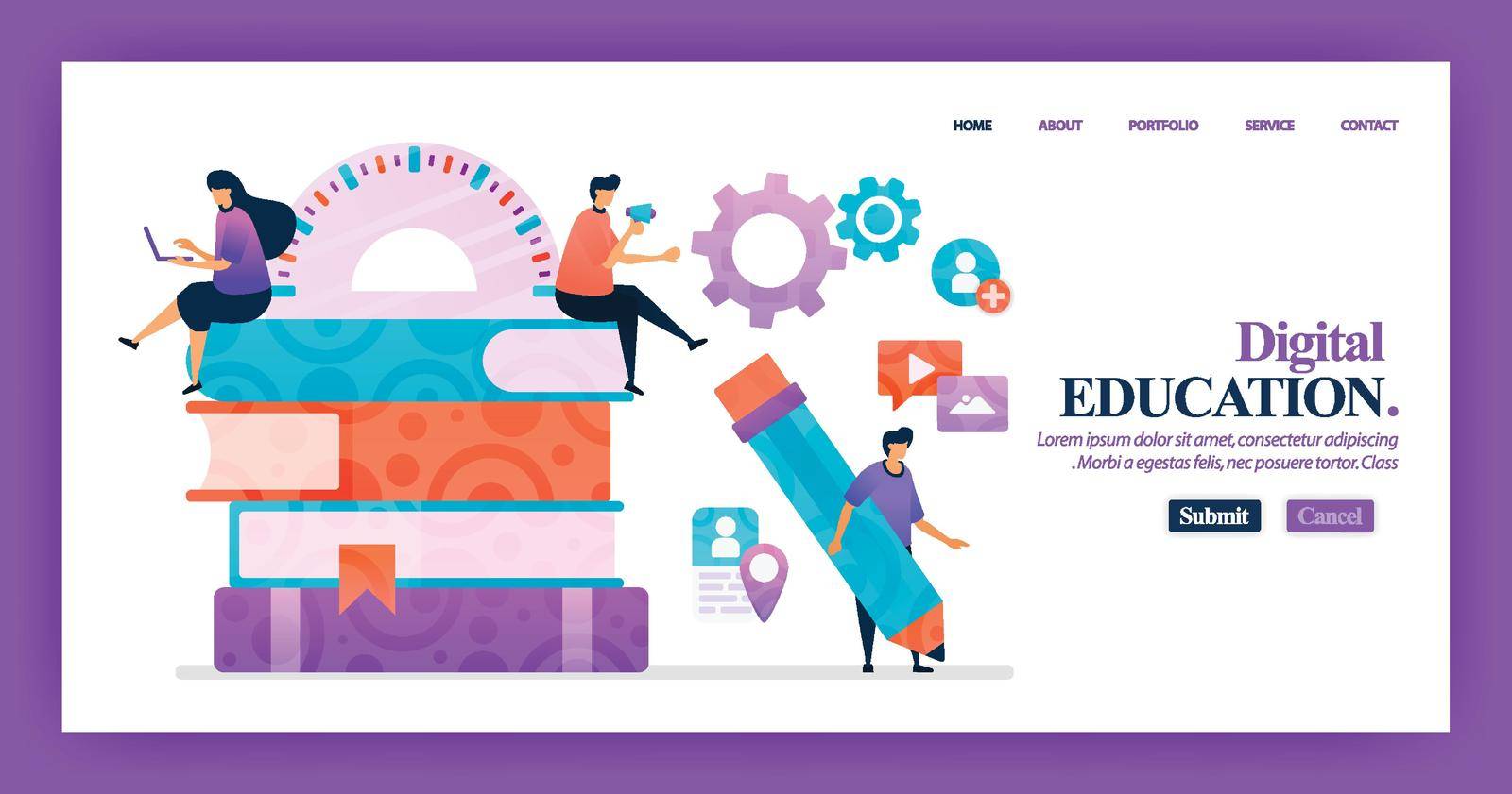 Landing page vector design of Digital education. Easy to edit and customize. Modern flat design concept of web page, website, homepage, mobile apps. character cartoon Illustration flat style.