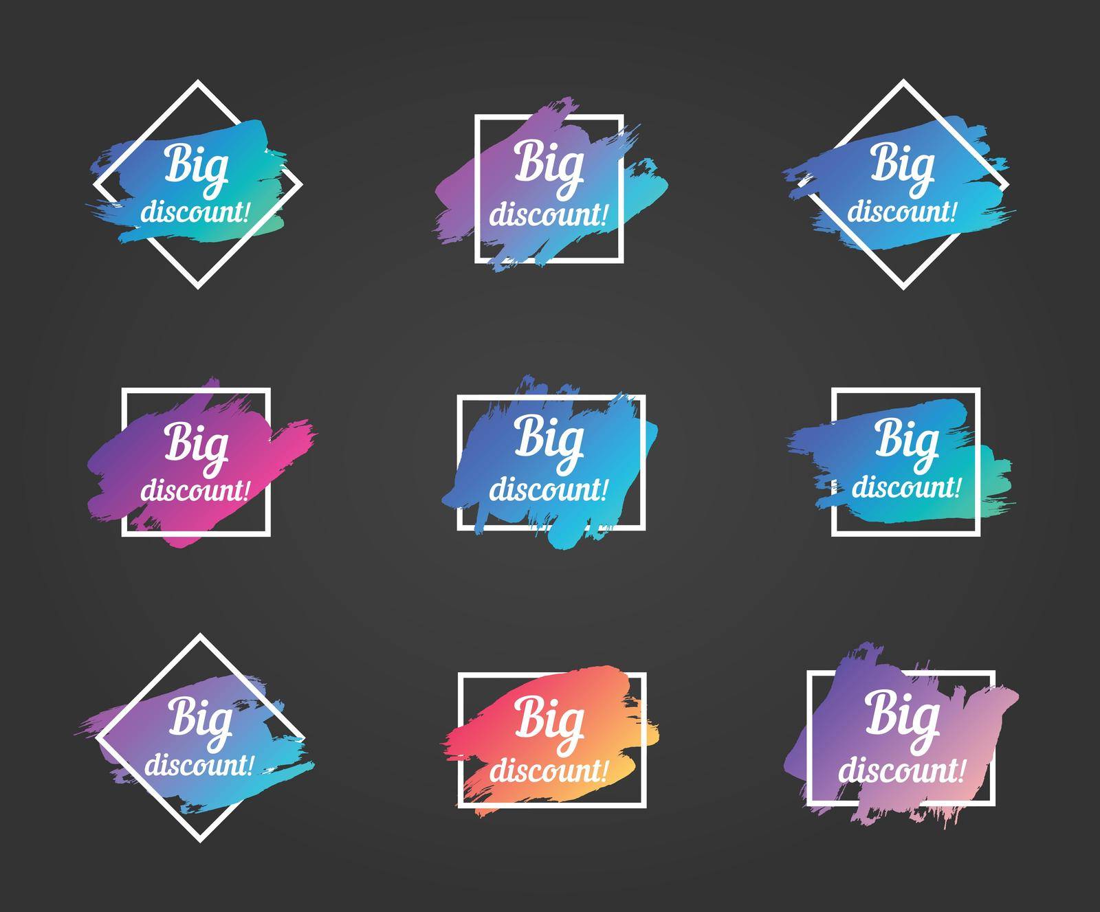 big discount promo phrase. big discount stock vector illustrations with painted gradient brush strokes over square frames for advertising labels, stickers, banners, leaflets, badges, tags, posters