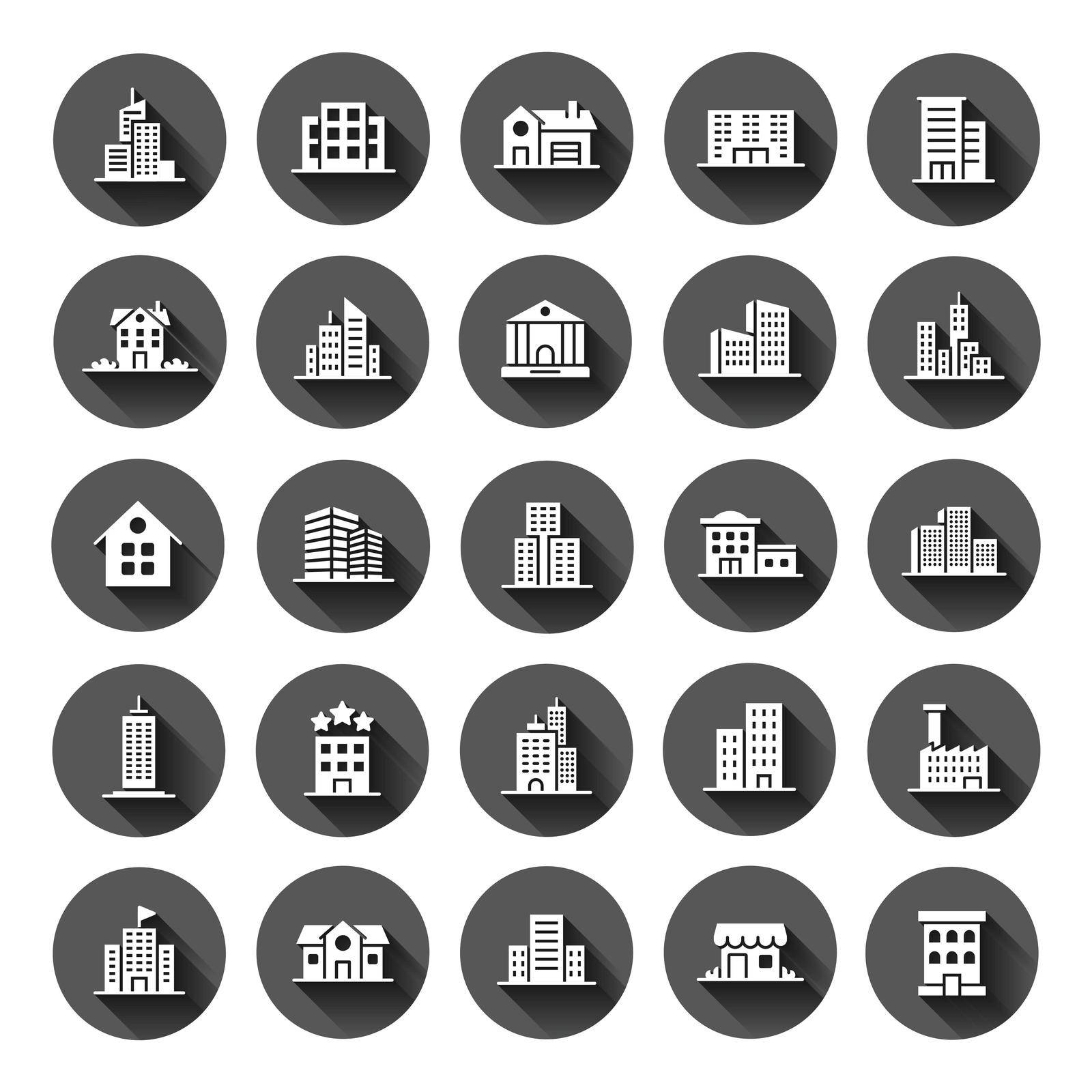 Building icon set in flat style. Town skyscraper apartment vector illustration on black round background with long shadow effect. City tower circle button business concept.
