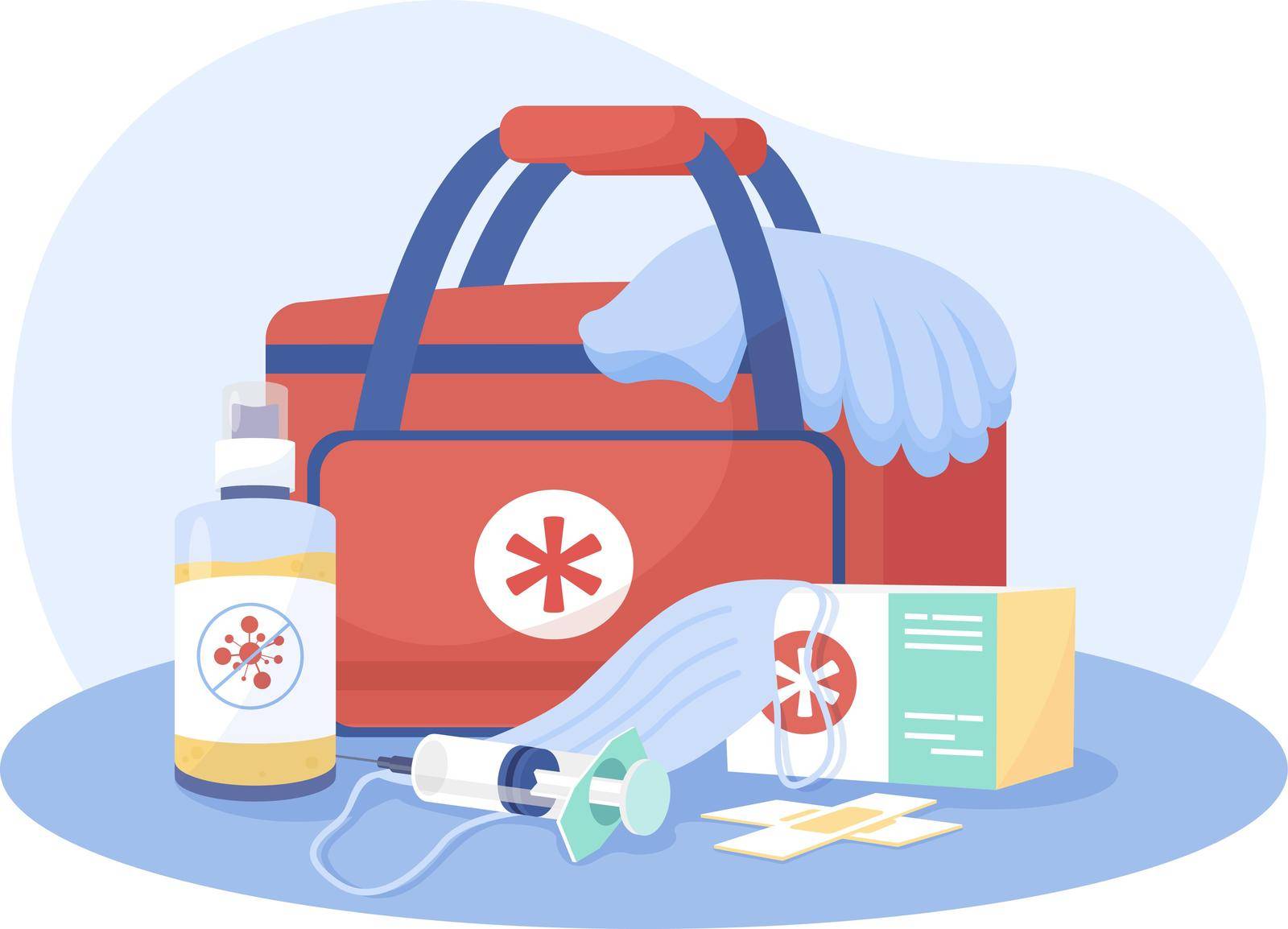 First aid kit 2D vector isolated illustration. Paramedic bag. Doctor supplies. Medical help equipment flat composition on cartoon background. Emergency situation assistance tools colourful scene