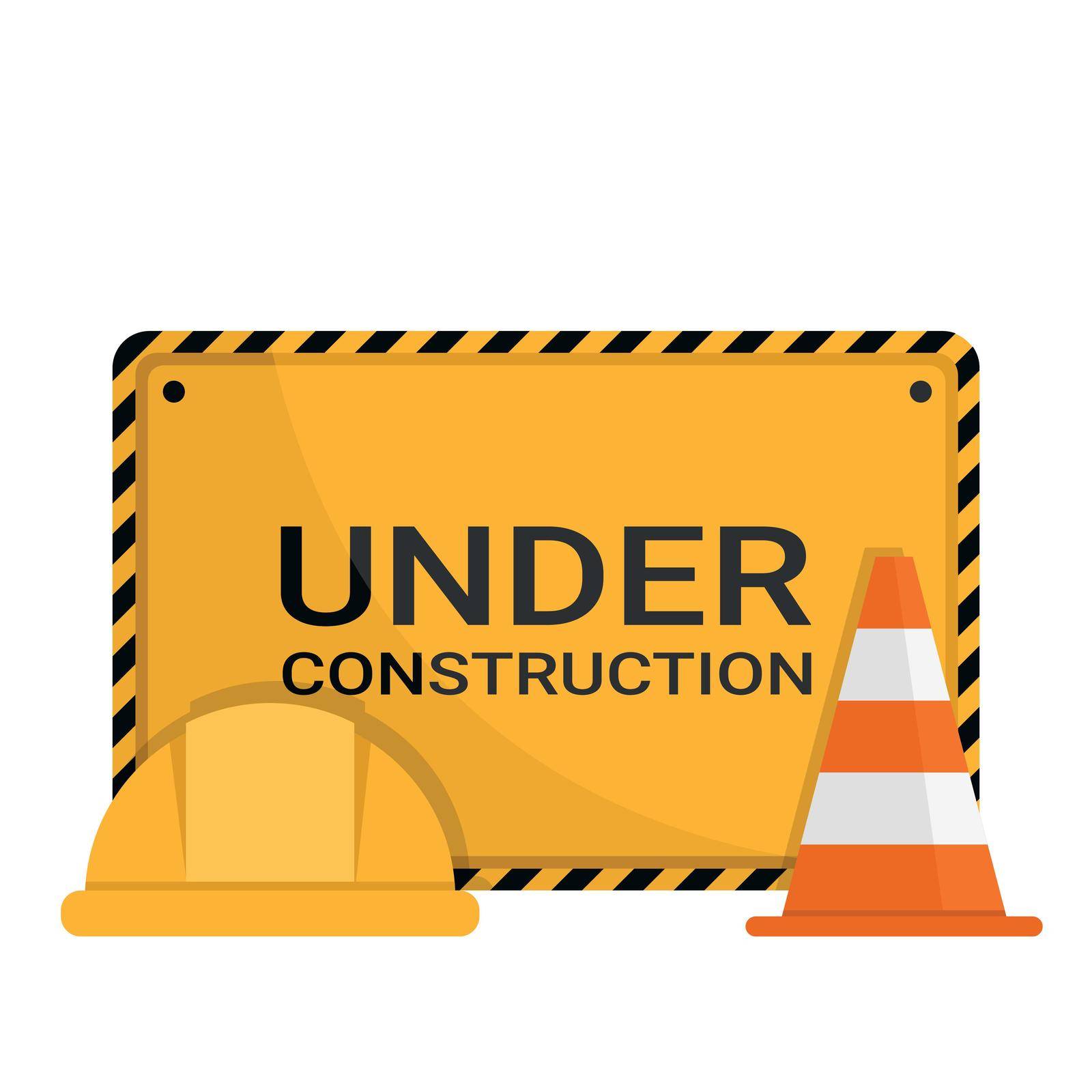Under construction advertising sign with safety cone and safety helmet