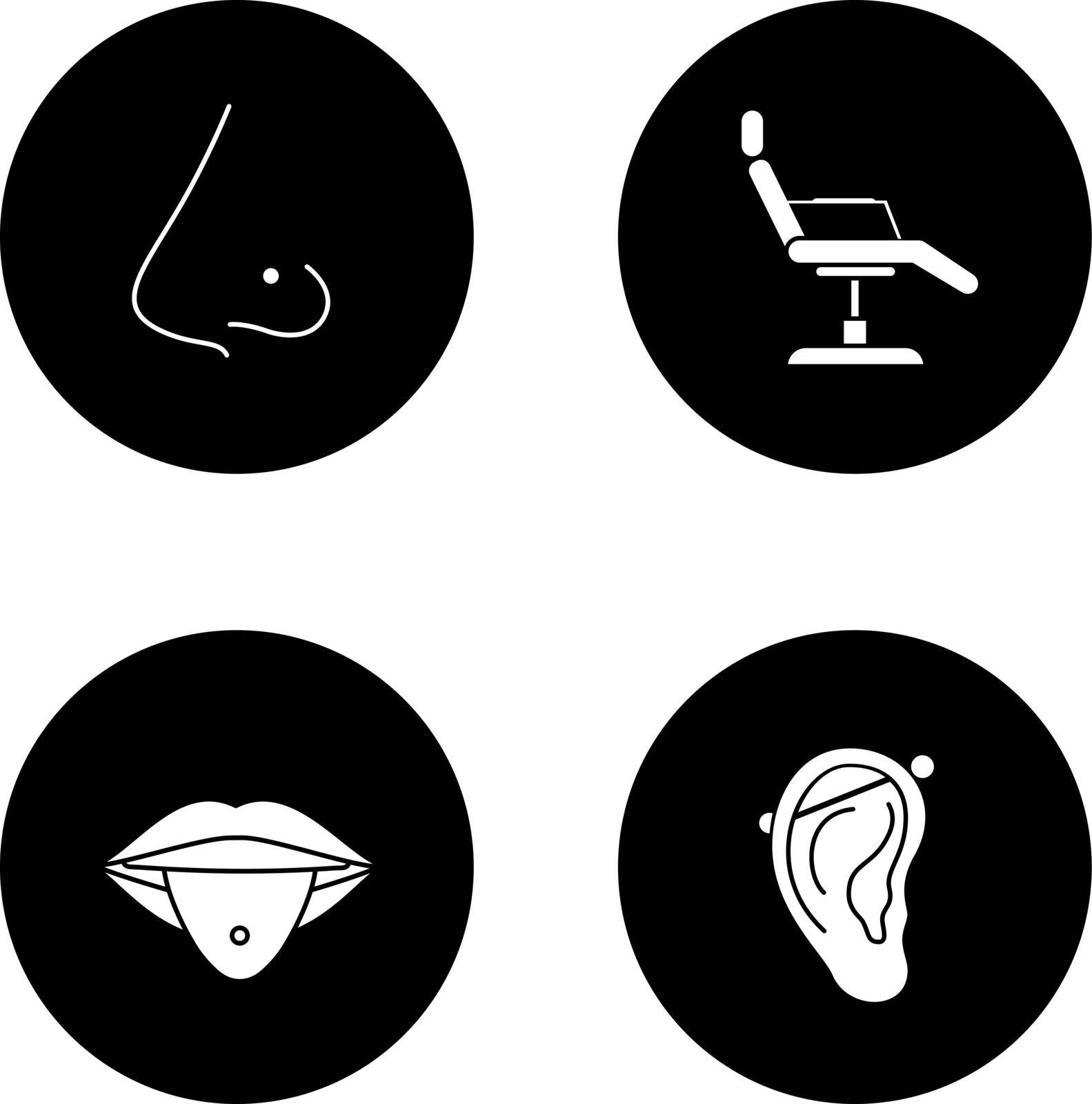 Tattoo studio glyph icons set. Piercing service. Pierced nose and tongue, tattoo chair, industrial piercing. Vector white silhouettes illustrations in black circles