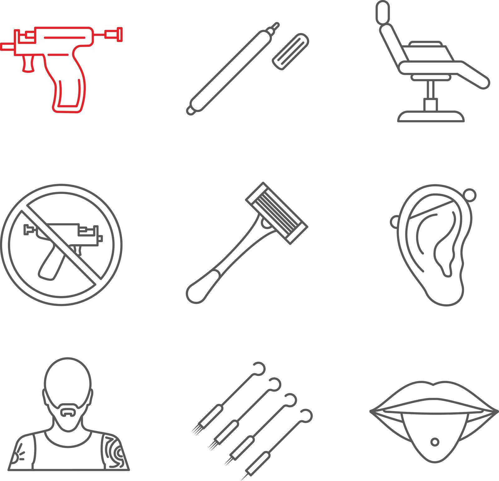 Tattoo studio linear icons set. Highlighter, tattoo chair, piercing gun prohibition, razor, pierced ear and tongue, tattooist, needles. Thin line contour symbols. Isolated vector outline illustrations