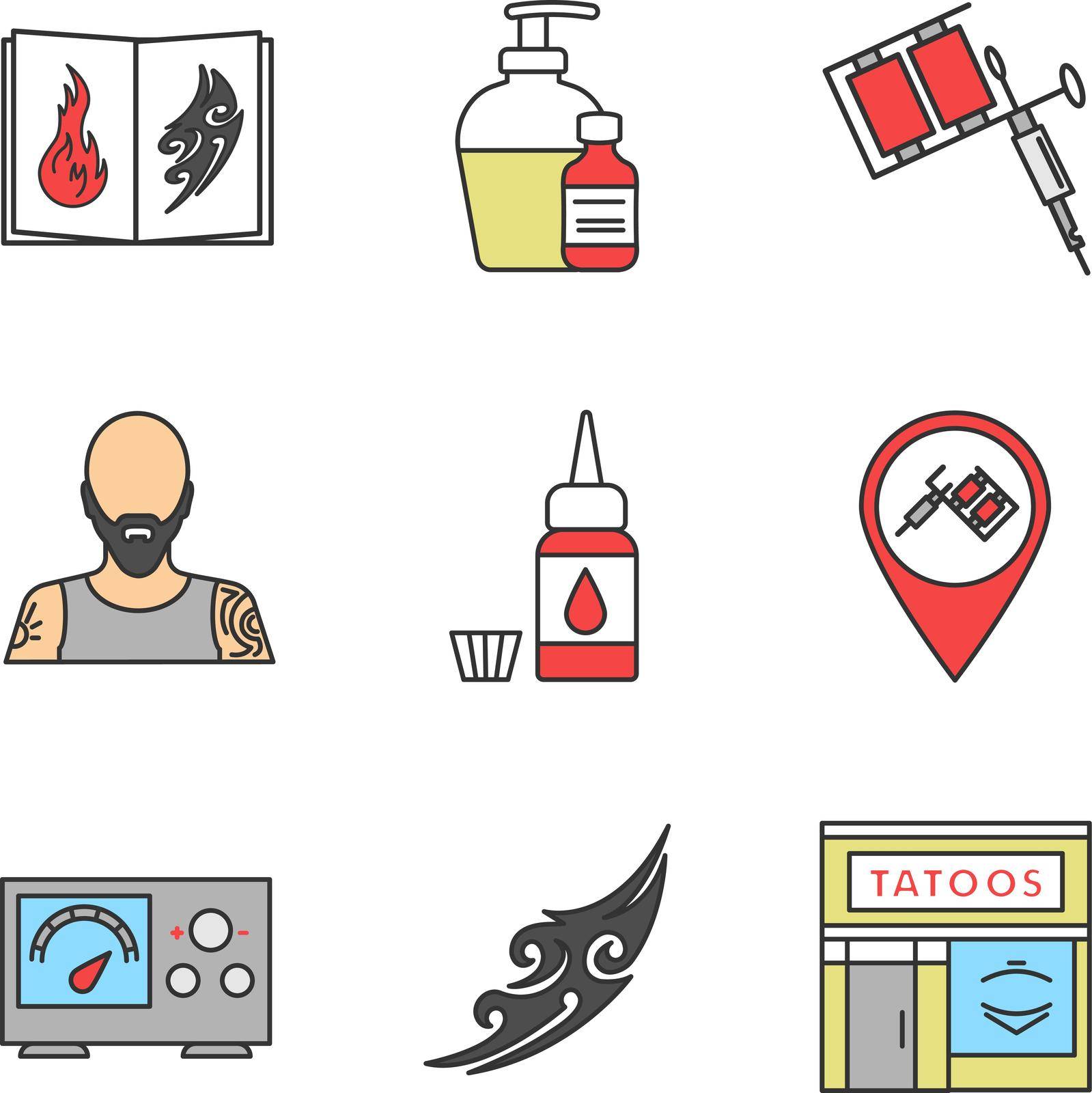 Tattoo studio color icons set. Tattoos catalog, aftercare, tattooist's machine, tattooer, ink bottle and cap, studio location, power supply, sketch, parlour facade. Isolated vector illustrations