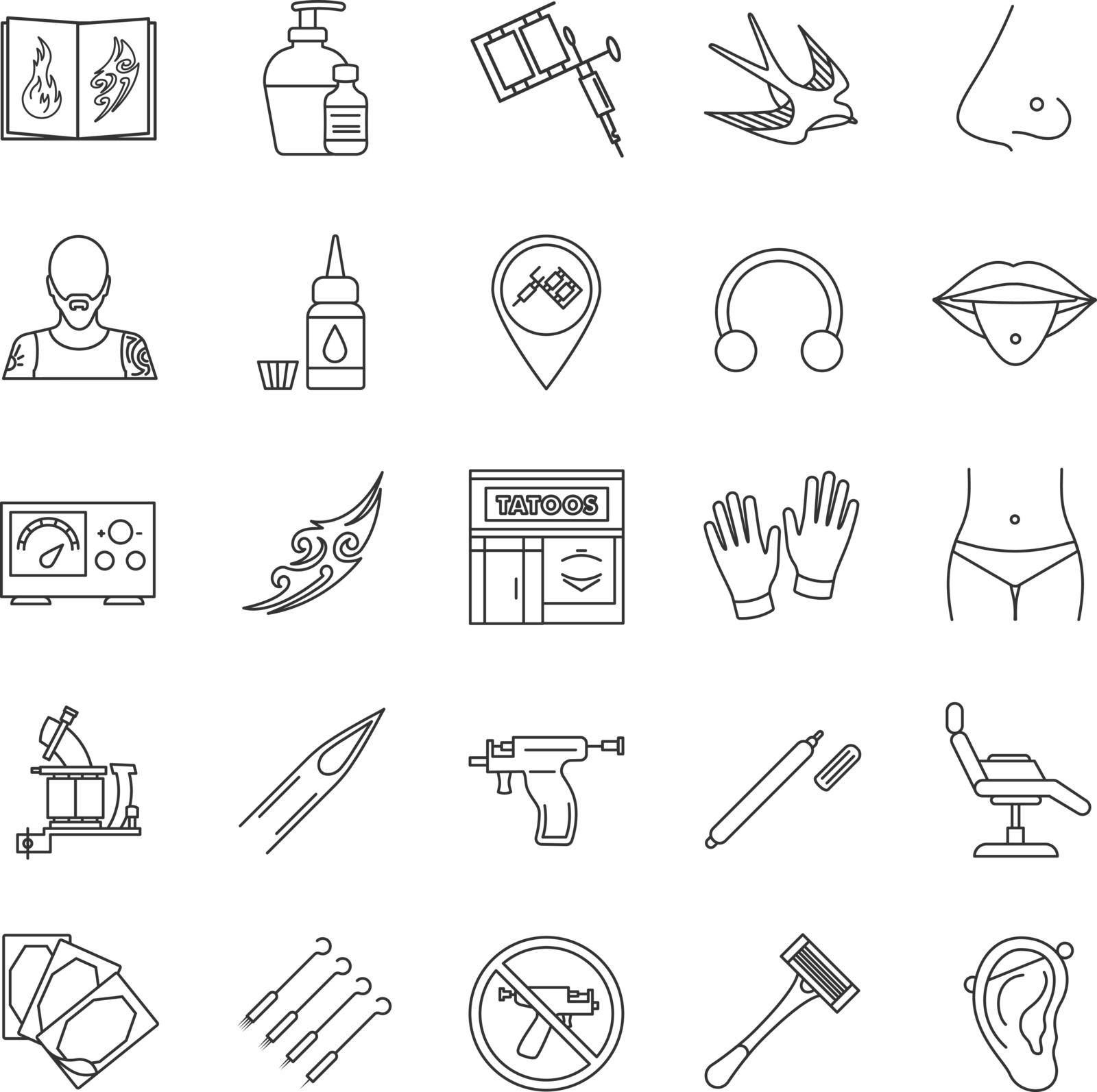 Tattoo studio linear icons set. Piercing service. Tattoo sketches, instruments and equipment. Thin line contour symbols. Isolated vector outline illustrations