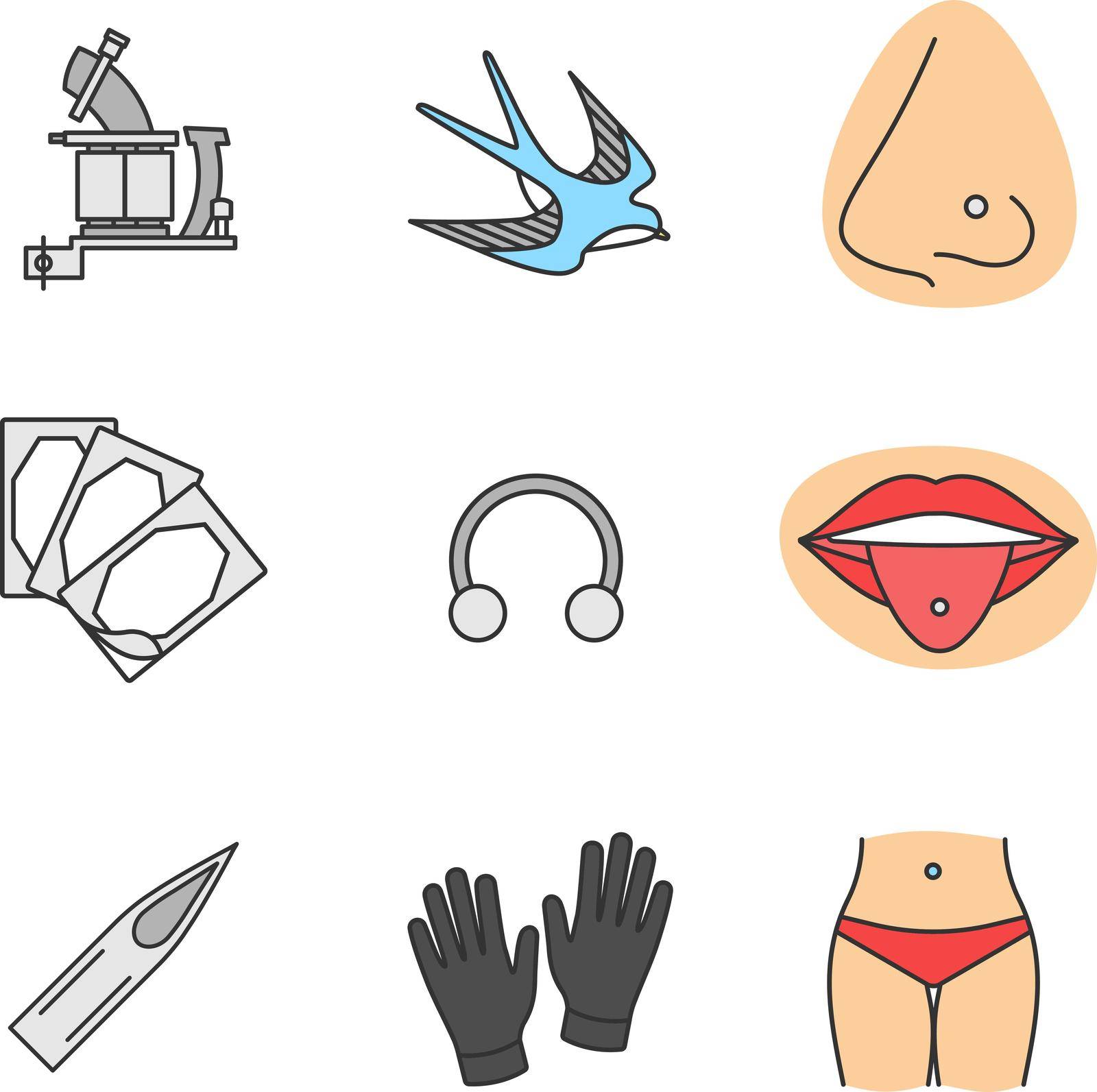 Tattoo studio color icons set. Tattoo machine, swallow sketch, pierced nose and tongue, repair sticker, half hoop ring, needle tip, medical gloves, navel piercing. Isolated vector illustrations