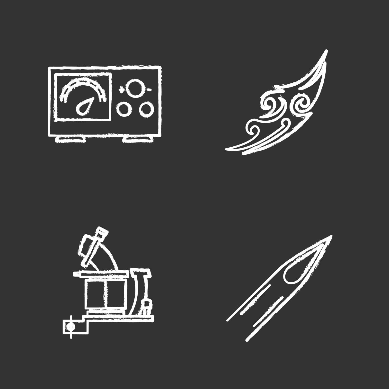 Tattoo studio chalk icons set. Piercing service. Power supply, tattoo machine, sketch, ink needle tip. Isolated vector chalkboard illustrations