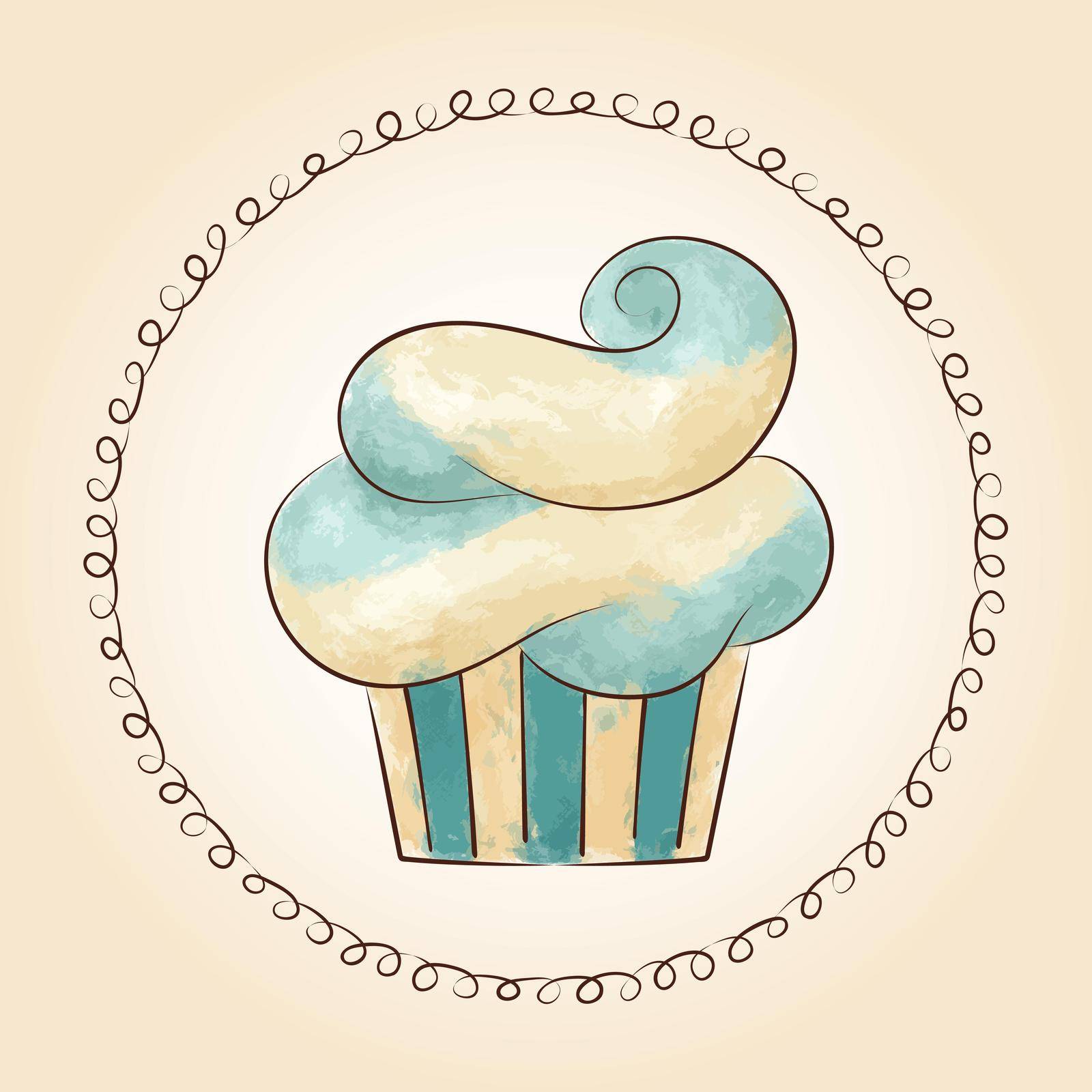 Vector watercolor waved cupcake. Ideal for posters, advertisements, announcements, labels, banner, menu for cafe and restaurants. Vector illustration