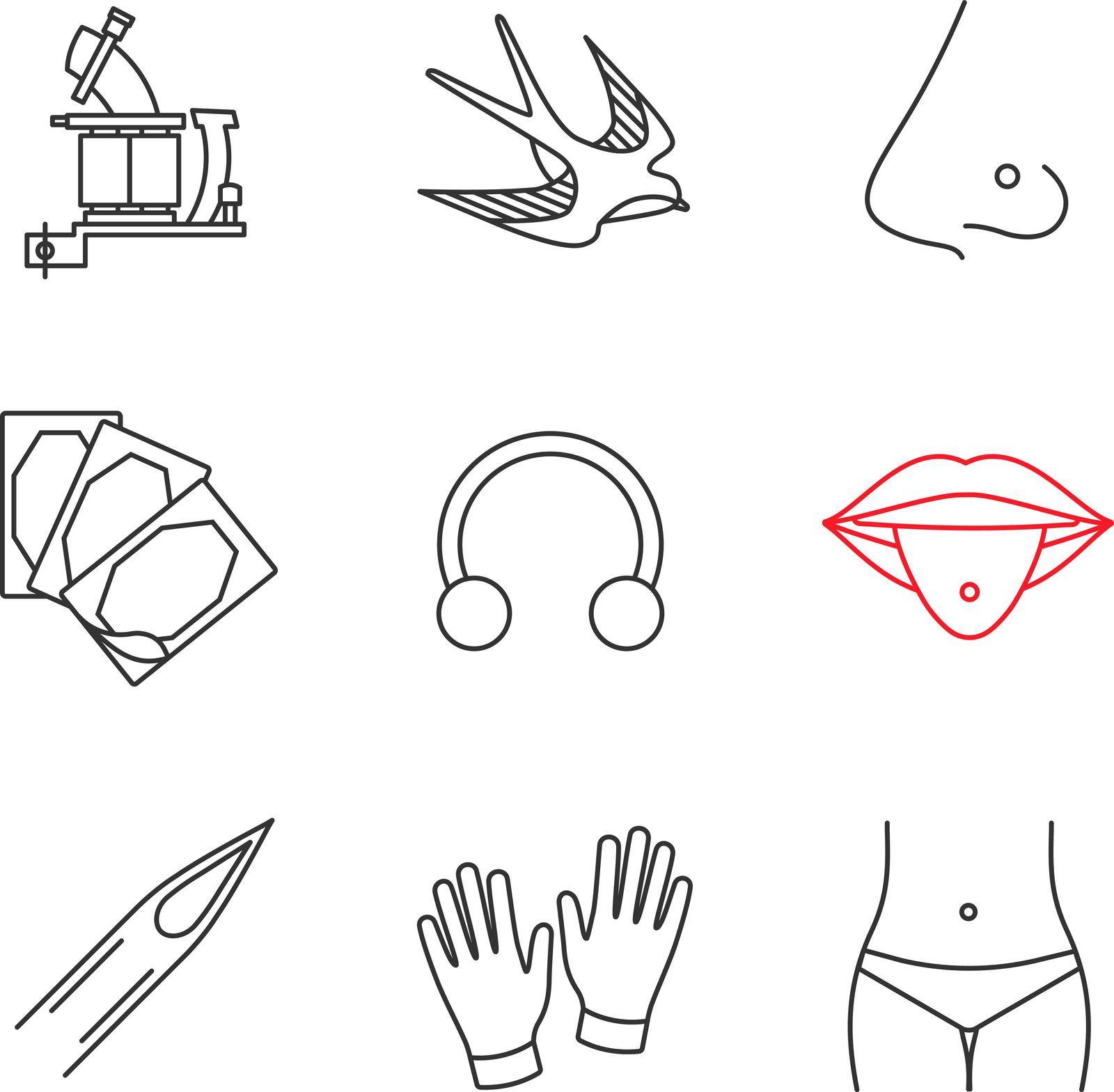 Tattoo studio linear icons set. Tattoo machine, swallow, pierced nose and tongue, plaster, ring, needle, medical gloves, piercing. Thin line contour symbols. Isolated vector outline illustrations