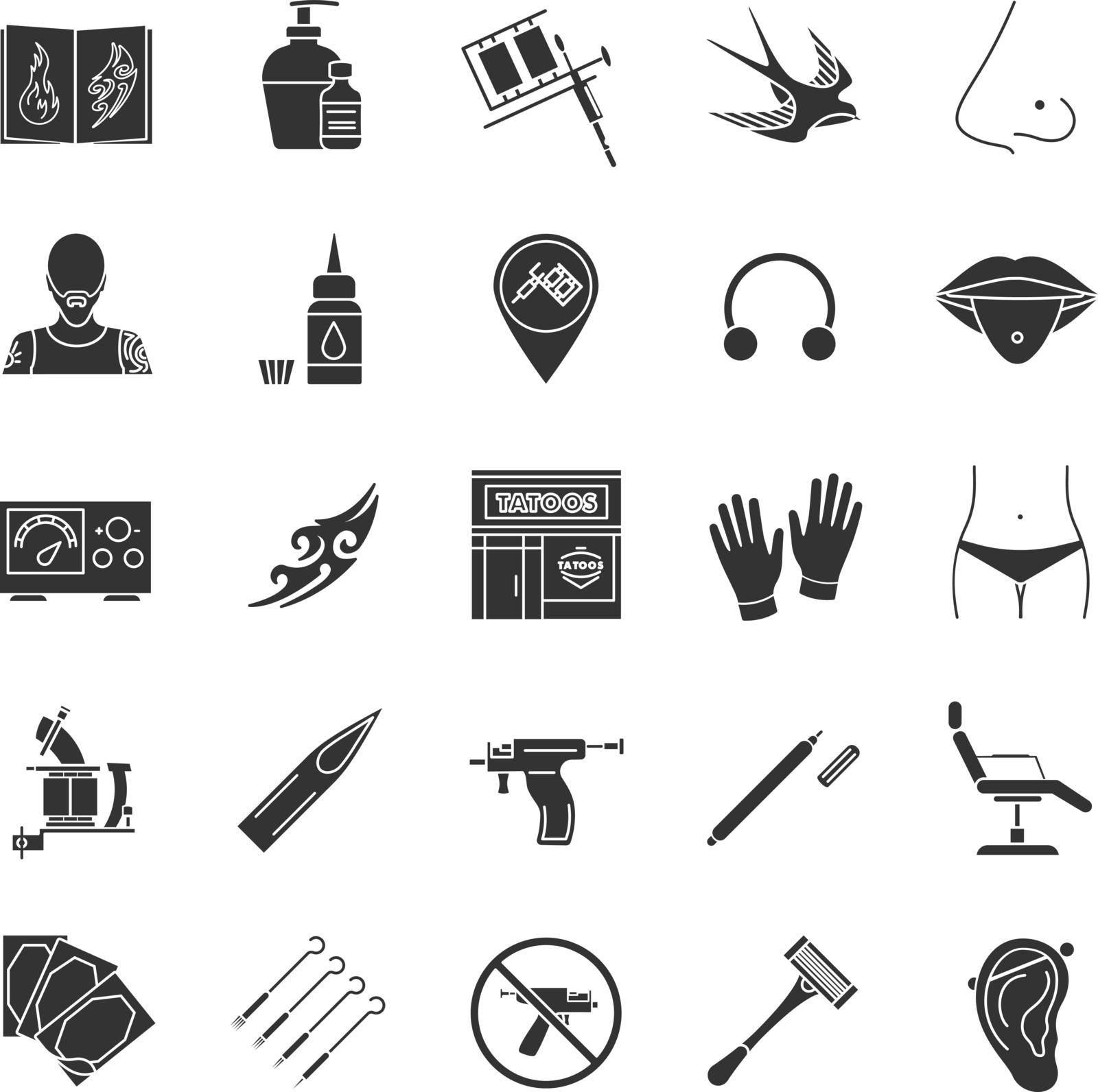 Tattoo studio glyph icons set. Piercing service. Tattoo sketches, instruments and equipment. Silhouette symbols. Vector isolated illustration