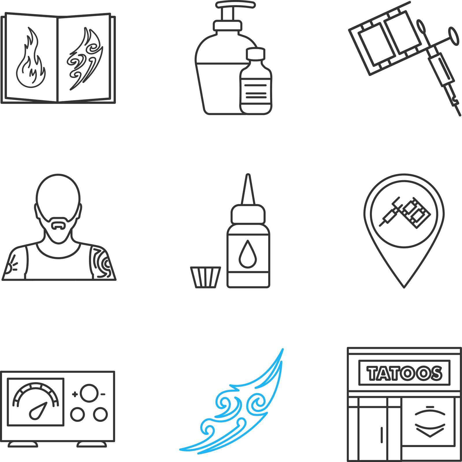 Tattoo studio linear icons set. Thin line contour symbols. Tattoos catalog, aftercare, machine, tattooer, ink, studio location, power supply, sketch, parlour. Isolated vector outline illustrations