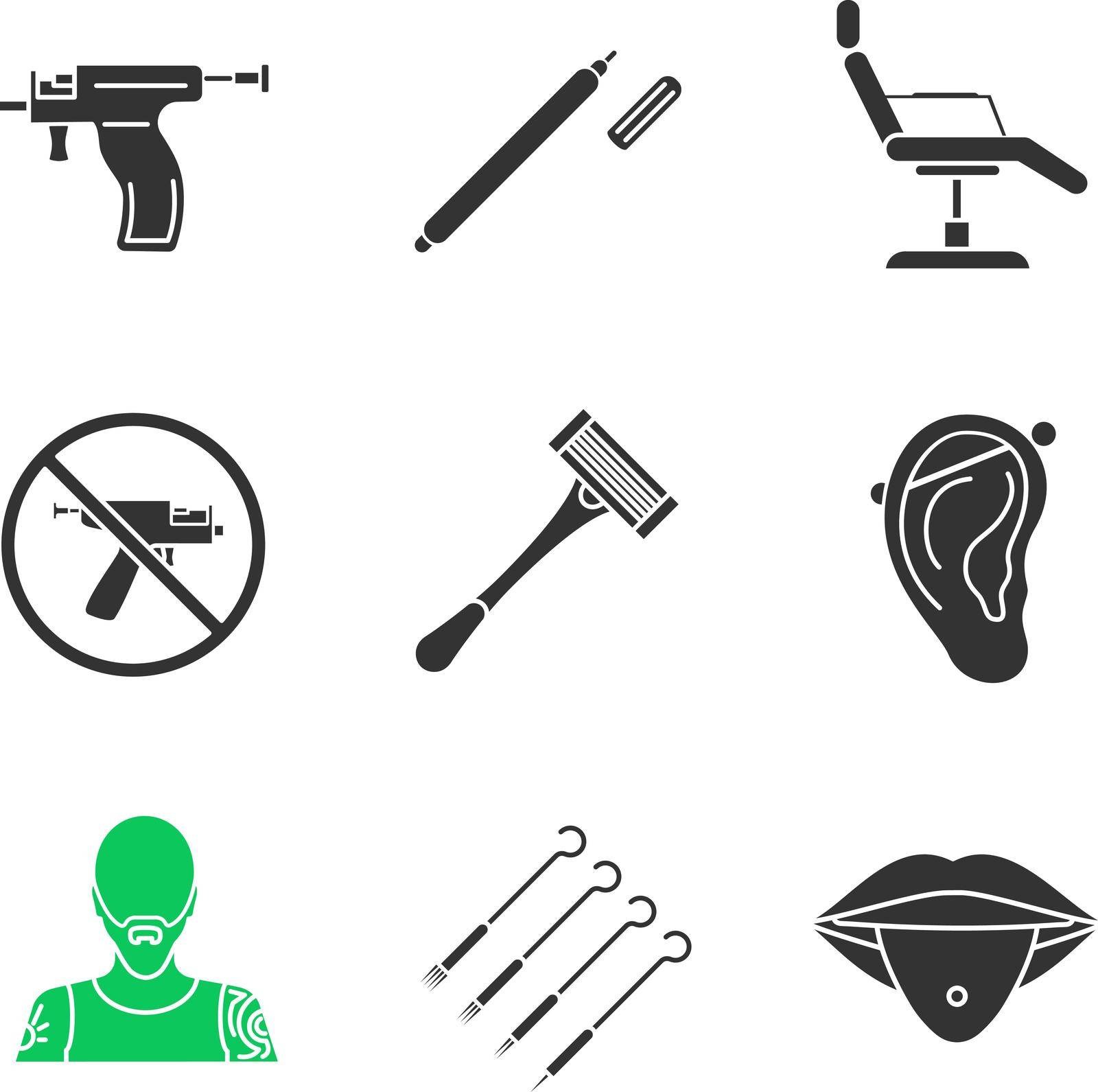 Tattoo studio glyph icons set. Highlighter, tattoo chair, piercing gun prohibition, razor, pierced ear and tongue, tattooist, ink needles pack. Silhouette symbols. Vector isolated illustration