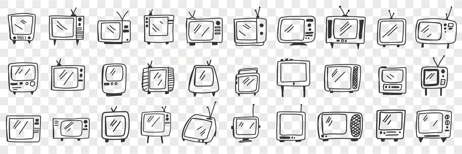Old fashioned television set doodle set. Collection of hand drawn vintage retro styles television sets with antennas and buttons isolated on transparent background