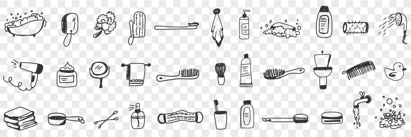 Cosmetics and tools for bath doodle set. Collection of hand drawn bathroom brush fan towel shampoo cream toothbrush toothpaste cosmetics shower for hygiene isolated on transparent background