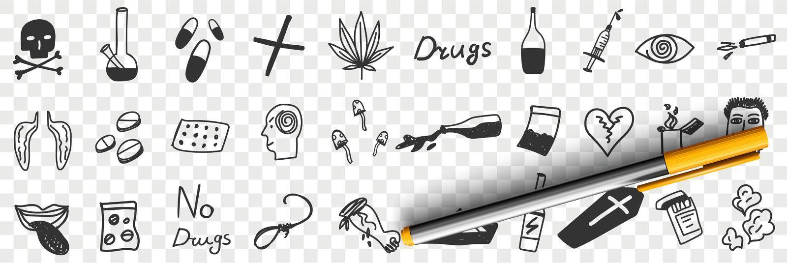 Danger of drugs doodle set. Collection of hand drawn drugs pills lungs alcohol grass bottles addiction symbols poison coffins suicide human brain mushrooms isolated on transparent background