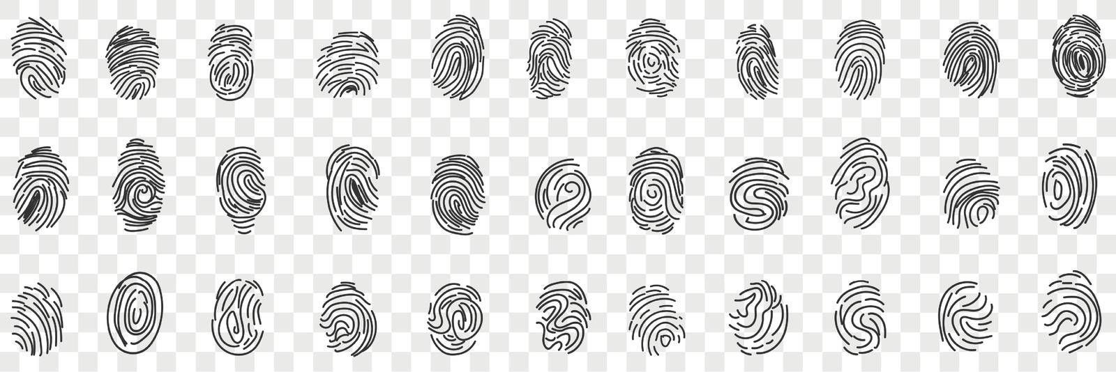 Fingerprints personal identity doodle set. Collection of hand drawn various human fingerprints for identifying person or passport identification or traveling isolated on transparent background