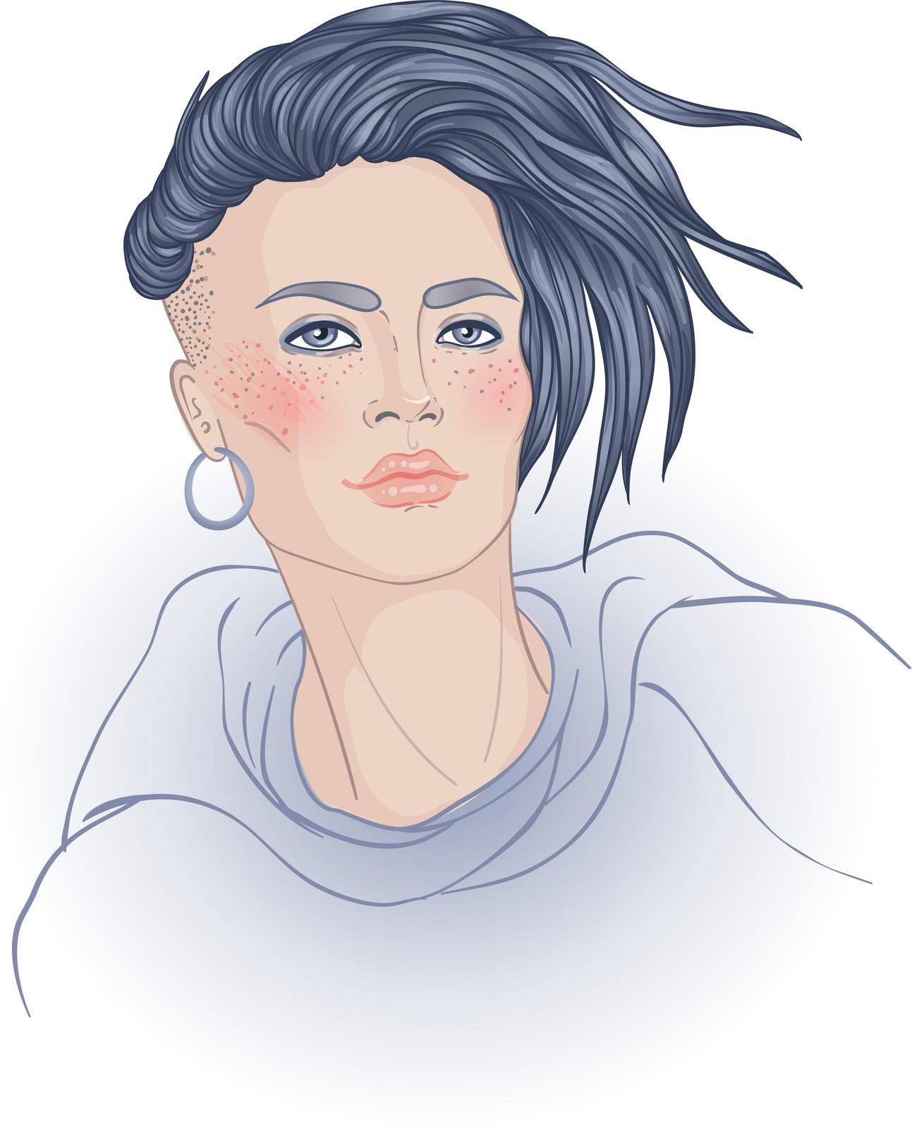 Portrait of a young pretty caucasian woman with short pixie cut. Vector illustration isolated. Hand drawn art of a boyish looking girl. Modern street subculture haircut for woman.