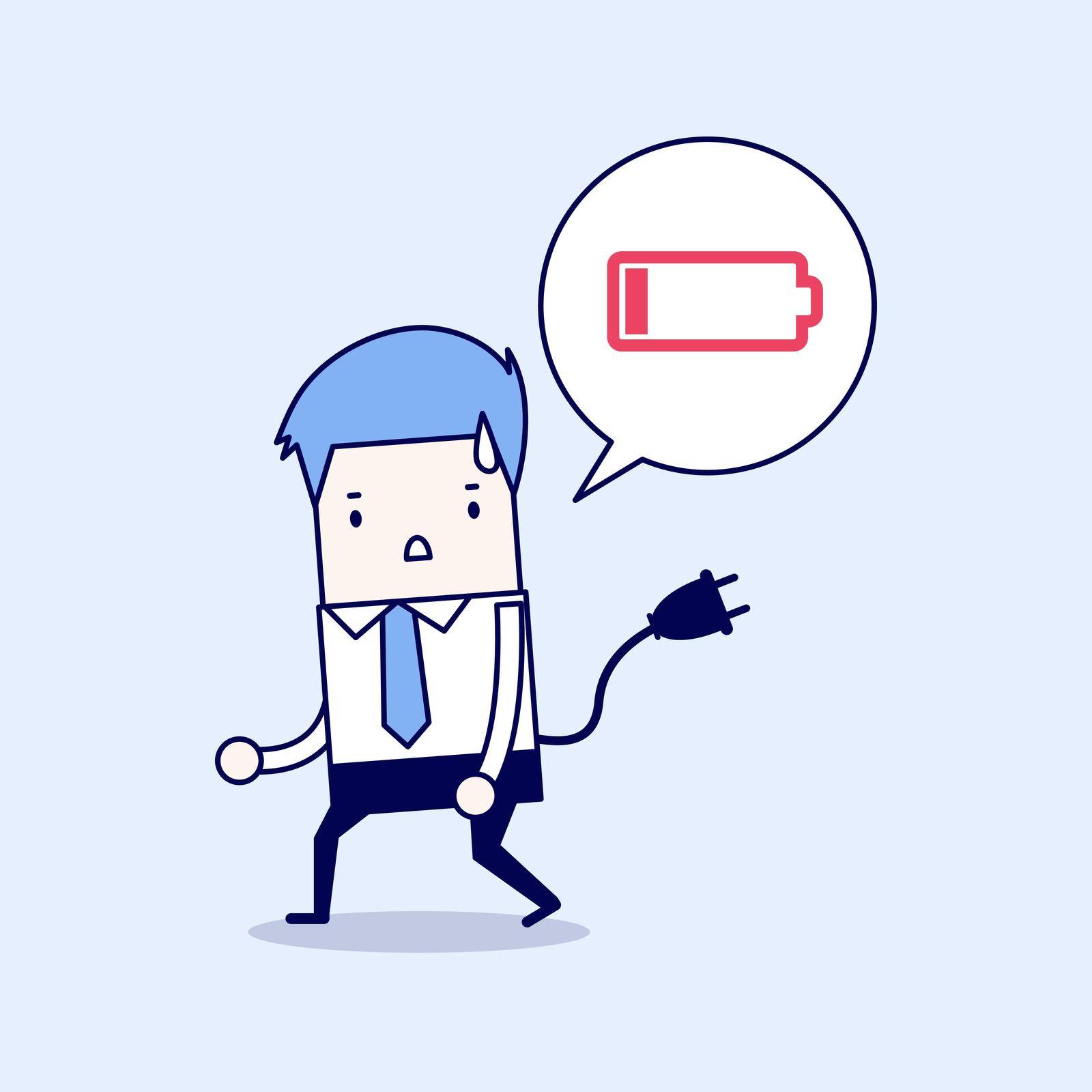 Businessman feeling tired and low power battery. Cartoon character thin line style vector.