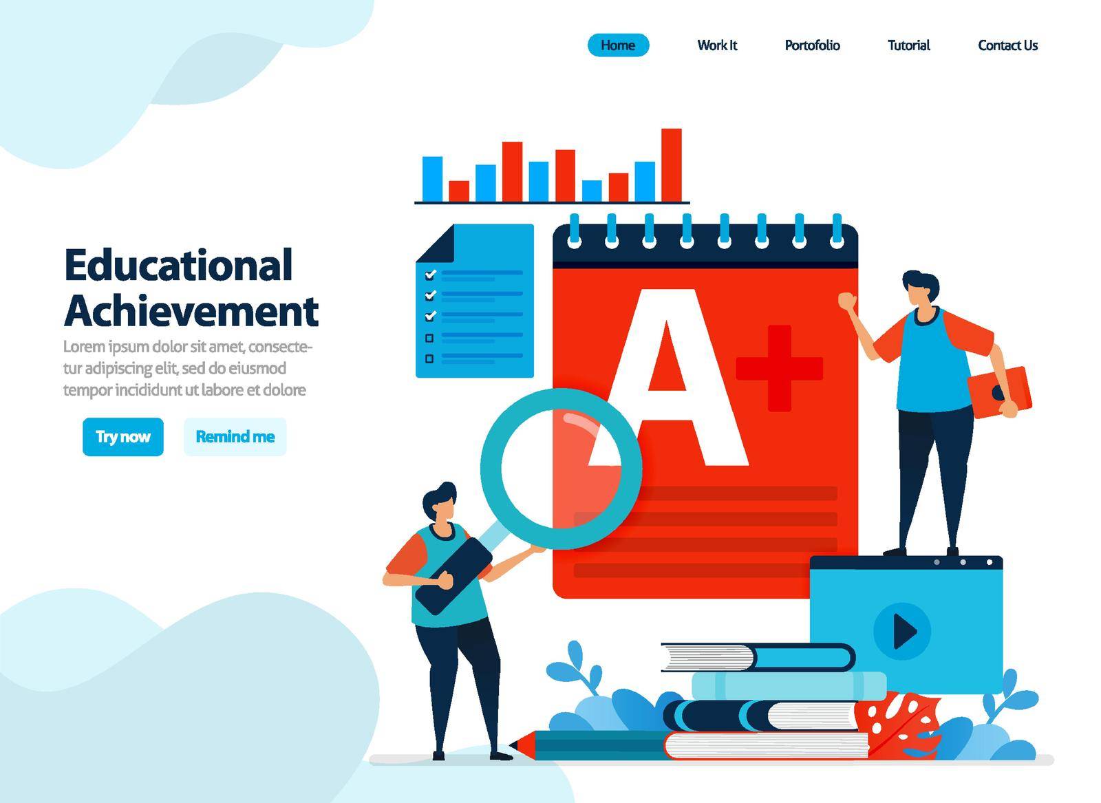 website design of educational achievement and learning process. best value or A + with digital learning. Flat illustration for landing page template, ui ux, website, mobile app, flyer, brochure, ads