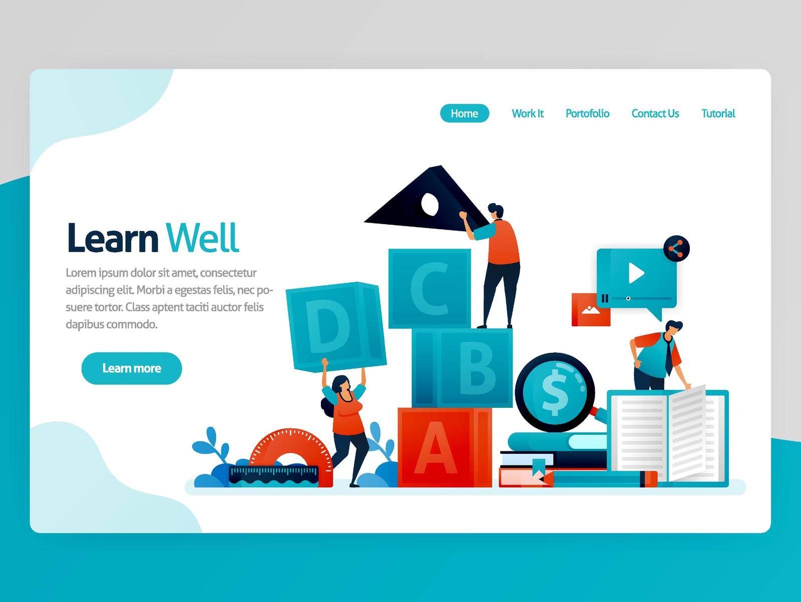 Vector illustration for learn well landing page. Learning well, training teamwork and leadership, learning and playing. Intelligence game for student numeration. Homepage header web page template apps