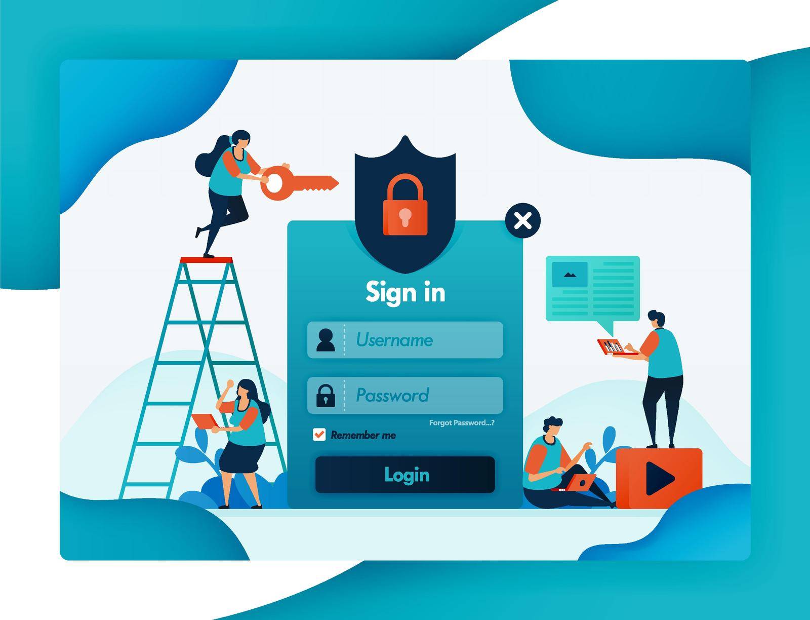 website login template for protecting user account security, secure and protection for privacy and firewall encryption for user safety, password and username. vector design flyer poster mobile apps by yayimage