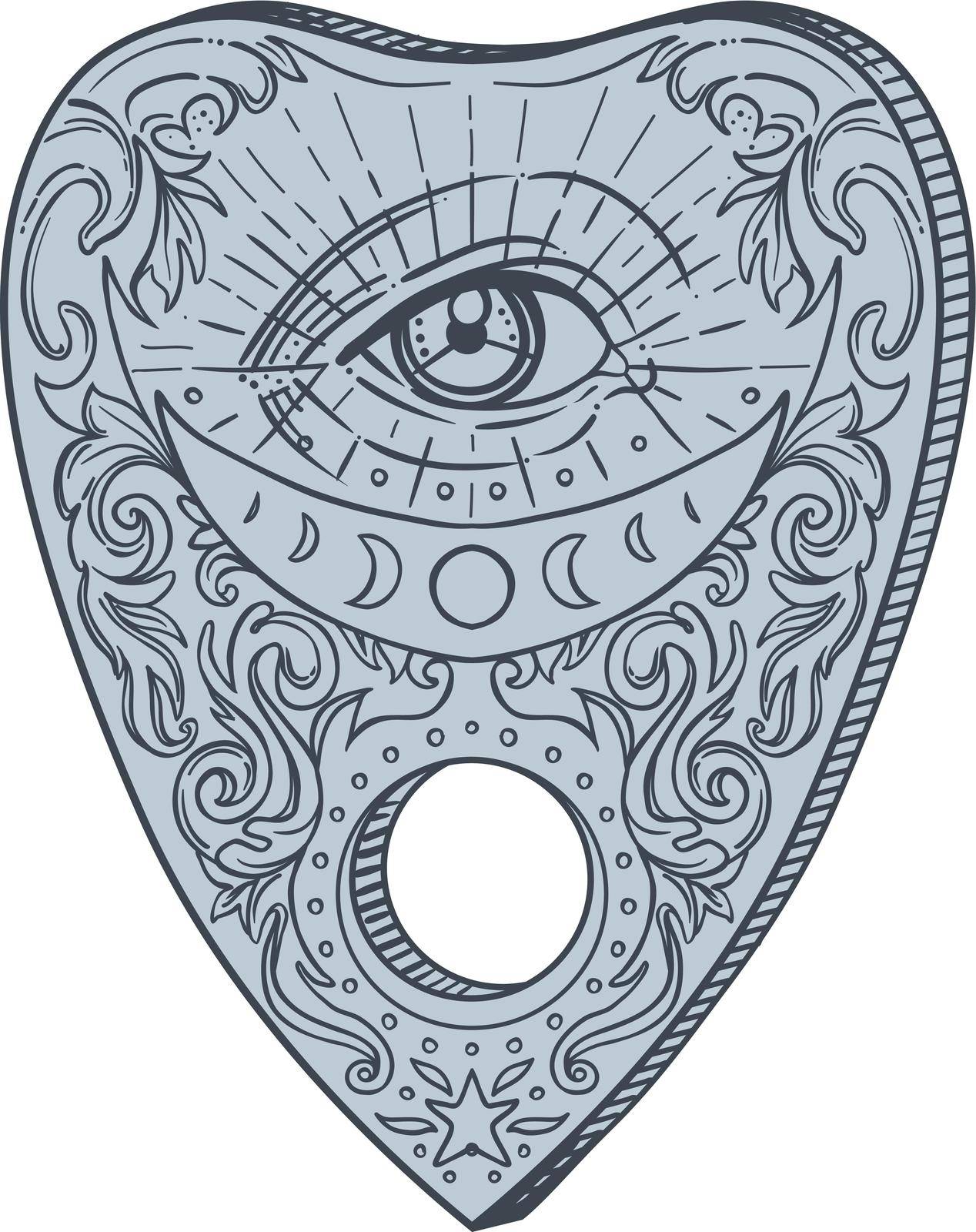 Heart-shaped planchette for spirit talking board. Vector isolated illustration in Victorian style. Mediumship divination equipment. flash tattoo drawing. Spirituality, occultism. by varka