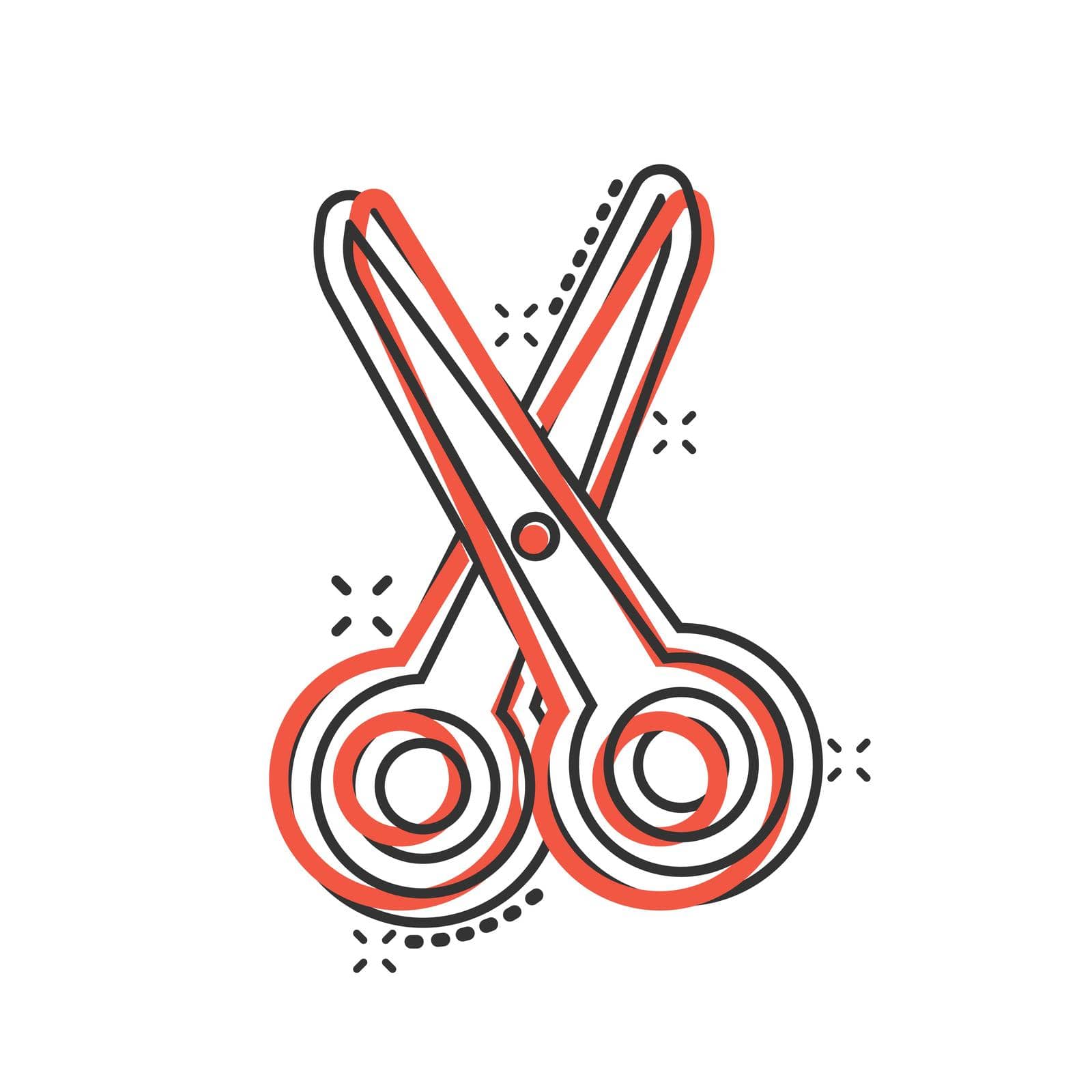 Scissor icon in comic style. Cut equipment cartoon vector illustration on white isolated background. Cutter splash effect business concept. by LysenkoA