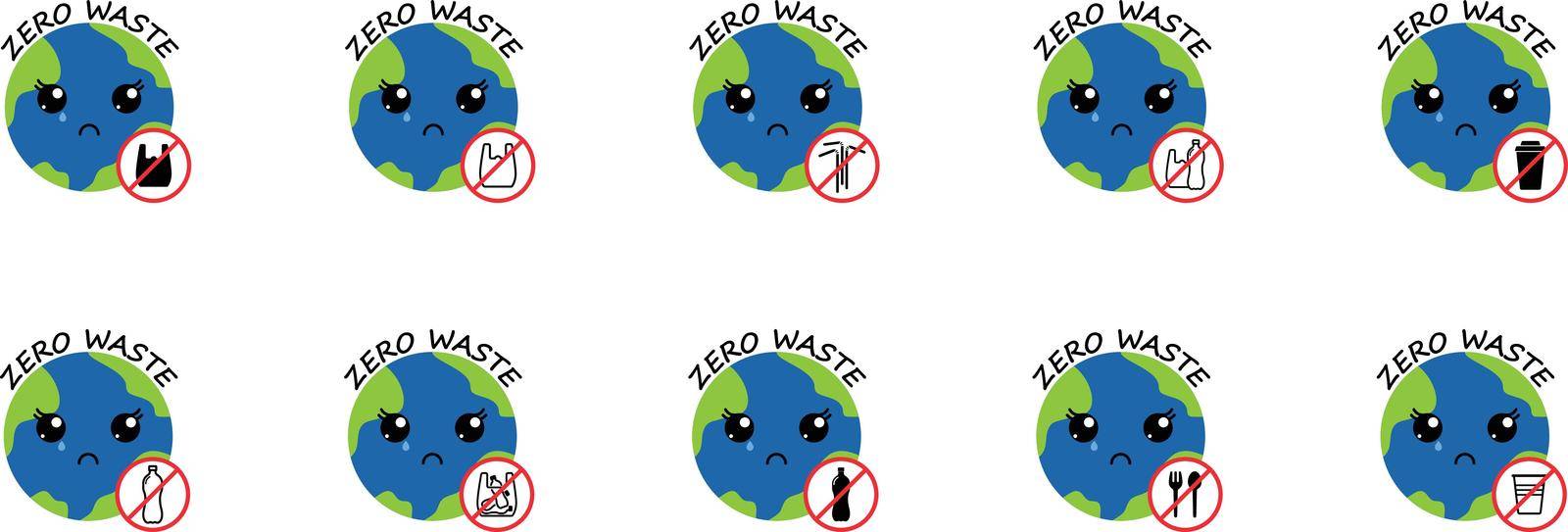 crying mother planet earth with cute kawaii black eyes, red prohibition sign and lettering. zero waste. go green eco friendly environment concept. save environment and ecology of earth.