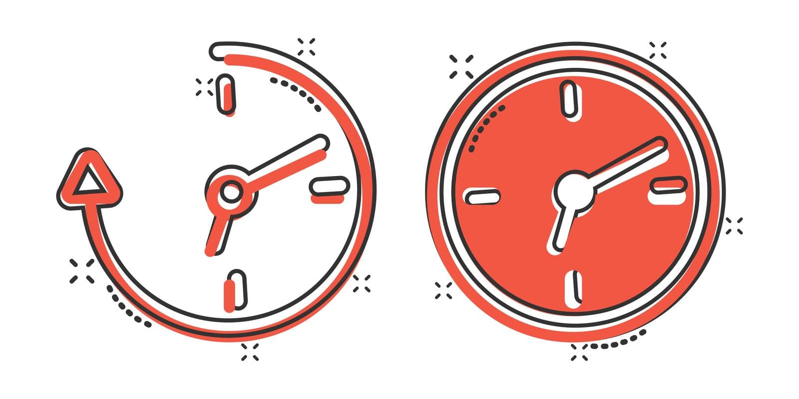 Clock icon in comic style. Watch cartoon vector illustration on white isolated background. Timer splash effect business concept. by LysenkoA