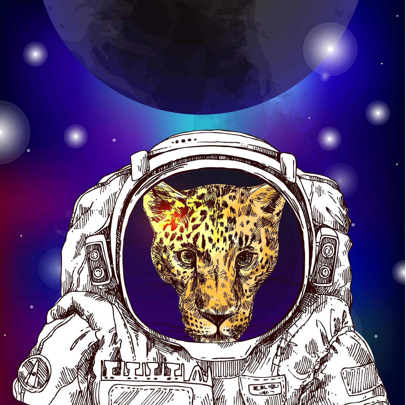 Leopard in astrounaut helmet sketch. Hand drawn vector illustration. Perfect for print for t-shirt, poster.