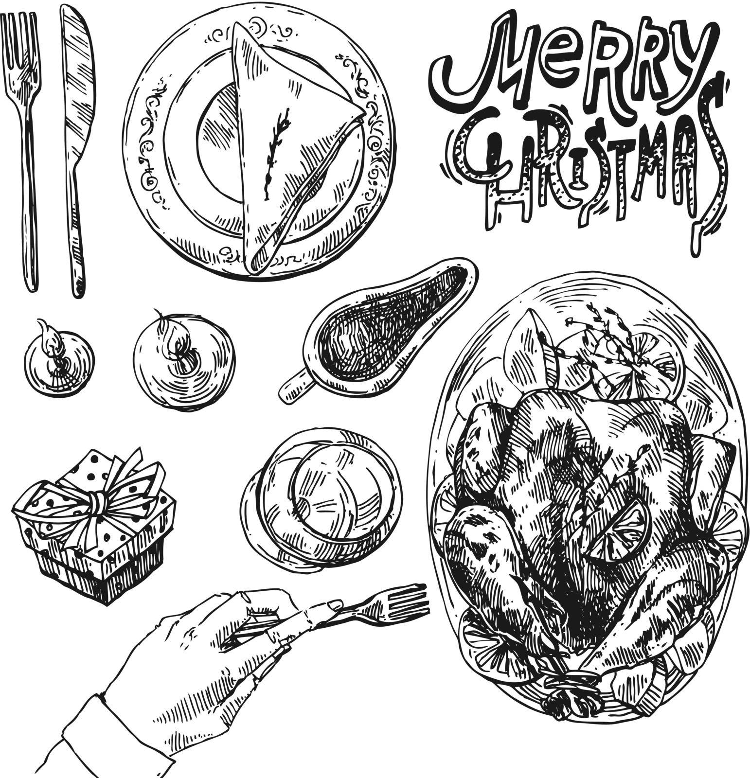 Hand drawn sketch illustration christmas food. Sketch style drawing. Us for Invitations, flyers, postcards, web etc