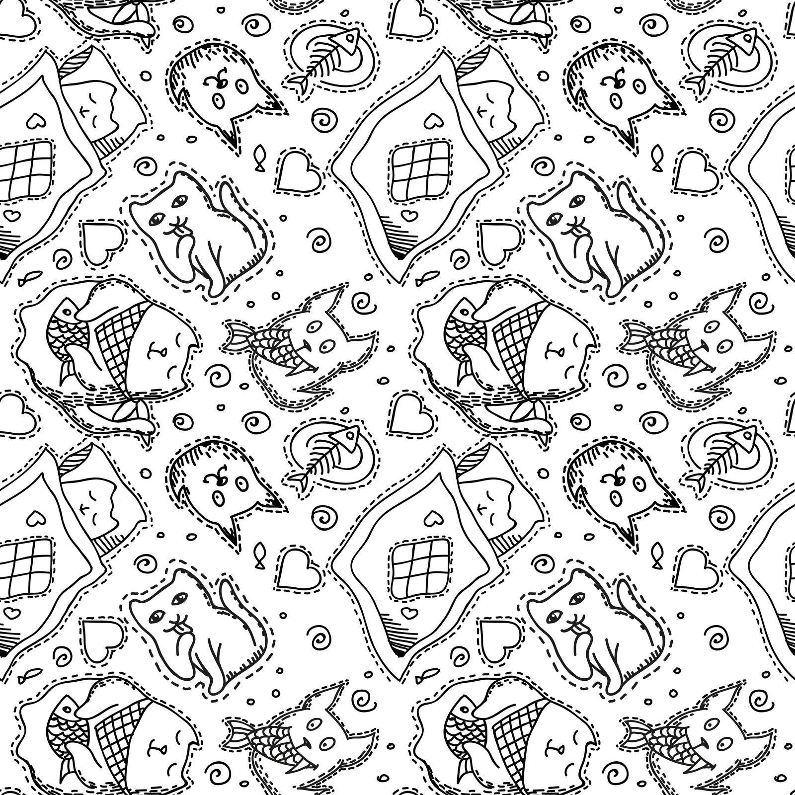 Hand drawn cats seamless vector pattern. Doodle art.