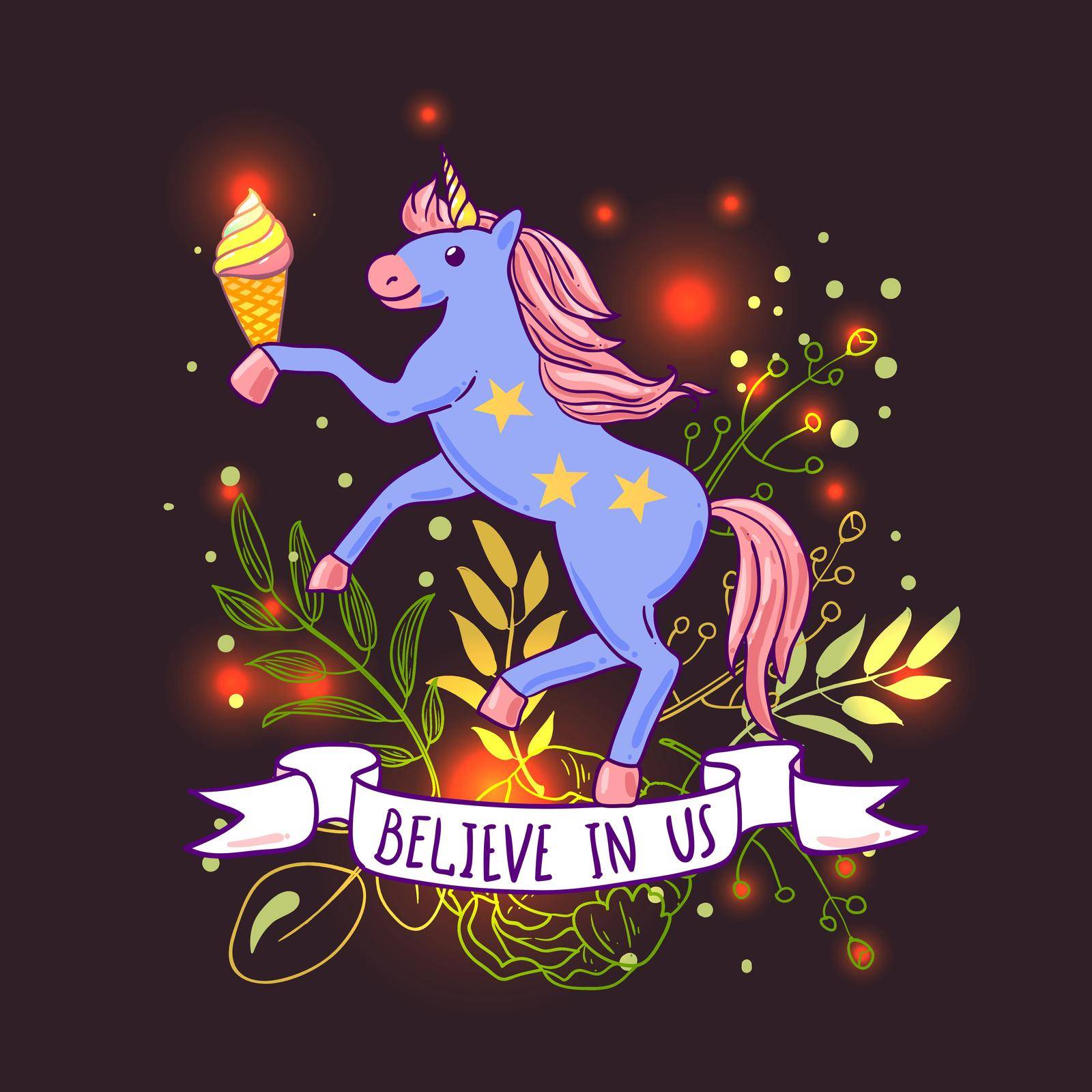 Beautiful hand drawn vector illustration unicorn. Cartoon style. Good for baby clothes.